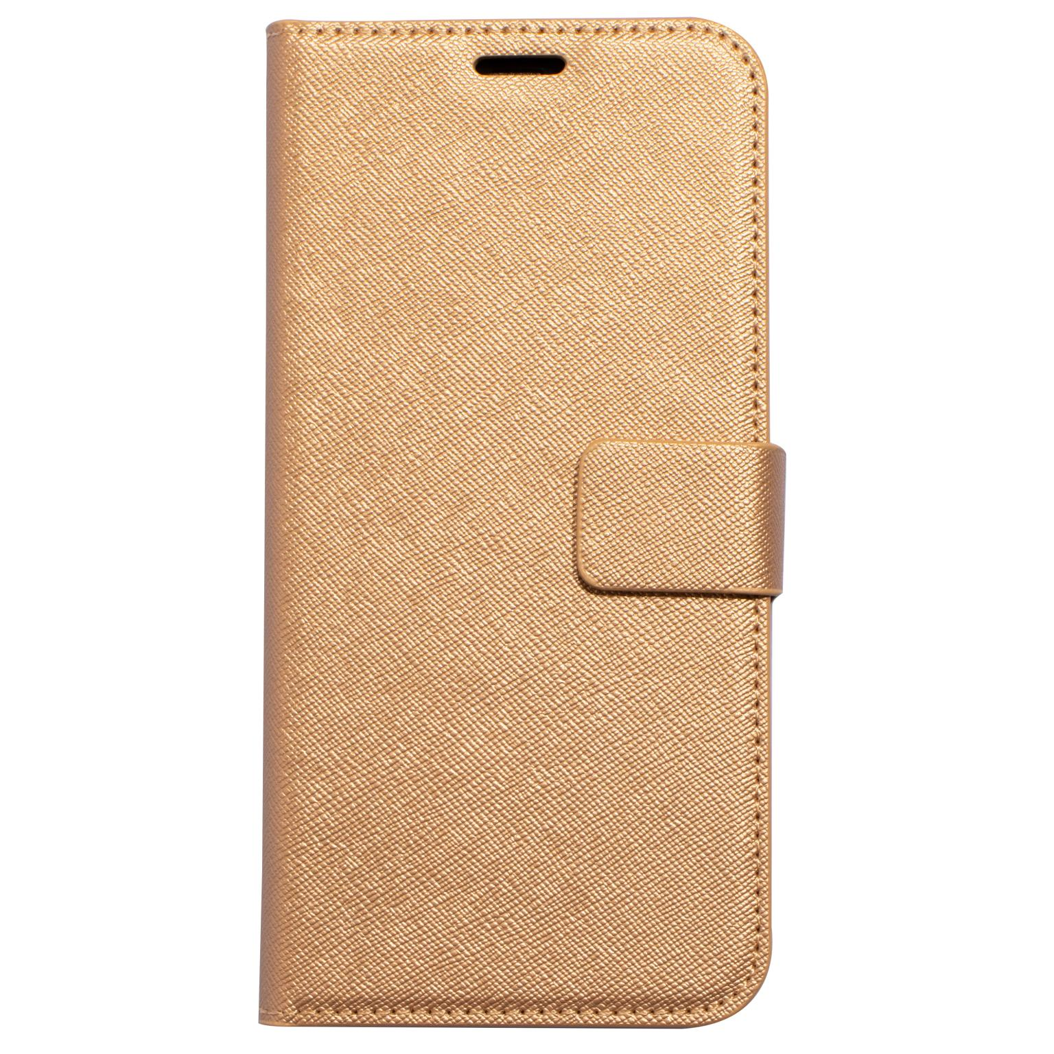 Gouden telefoonhoes met een getextureerd oppervlak. Het is gesloten met een magnetische flap.