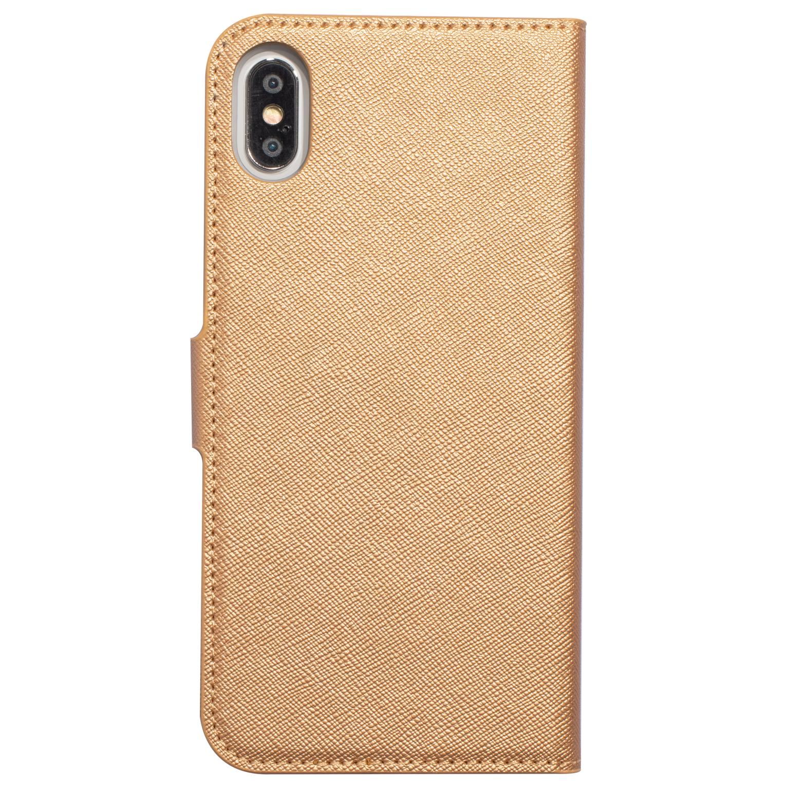 Gesloten gouden folio telefoonhoes. De hoes heeft een getextureerd oppervlak.