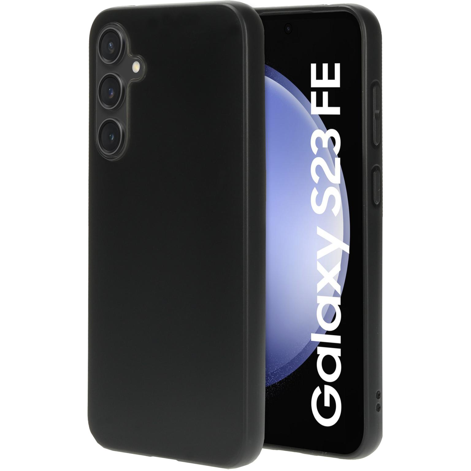 Zwarte telefoonhoes met een zwarte telefoon erin, die het scherm van de telefoon toont.
