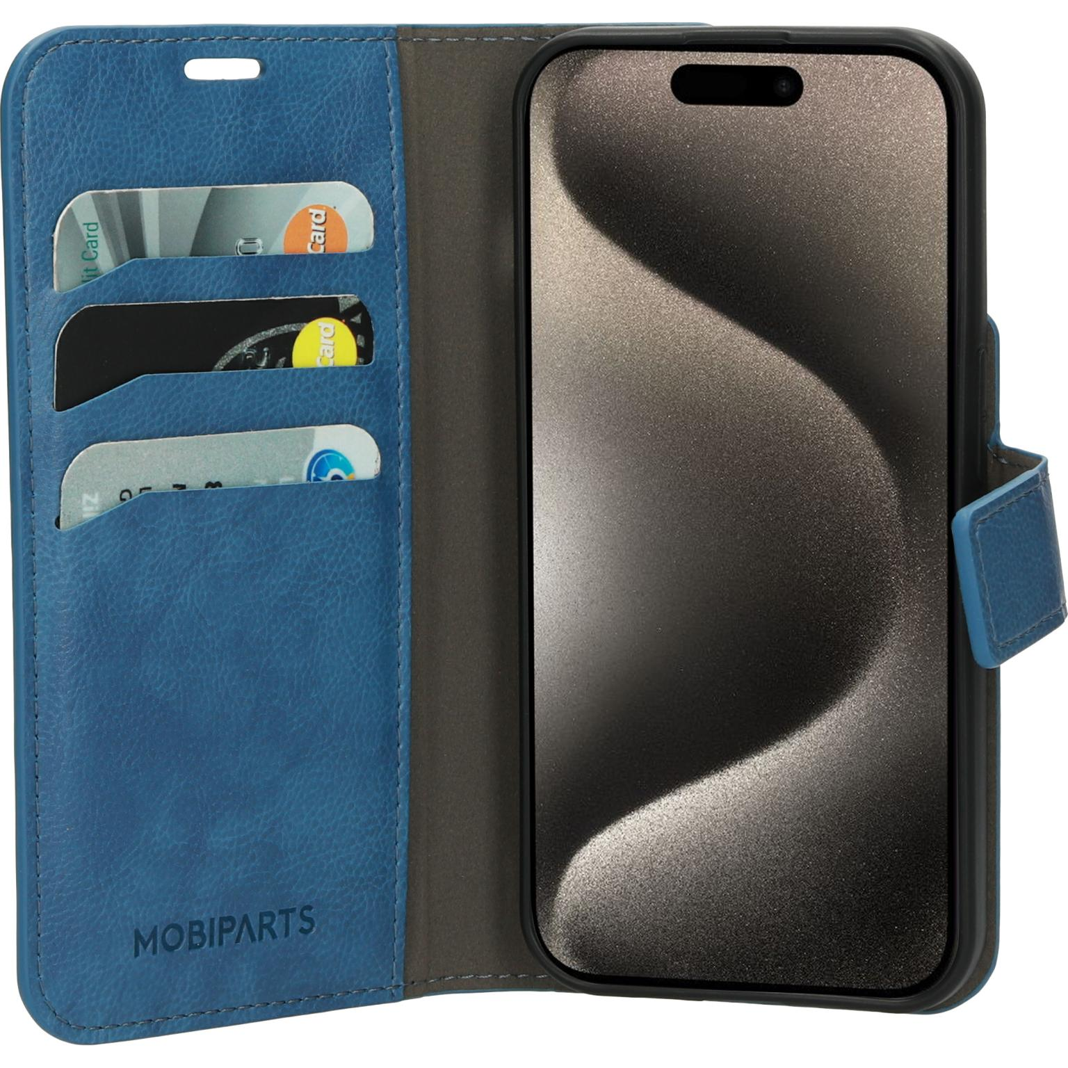 Een blauw telefoonportemonneehoesje met drie kaartsleuven en een zwart telefoonscherm. De achtergrond is wit.