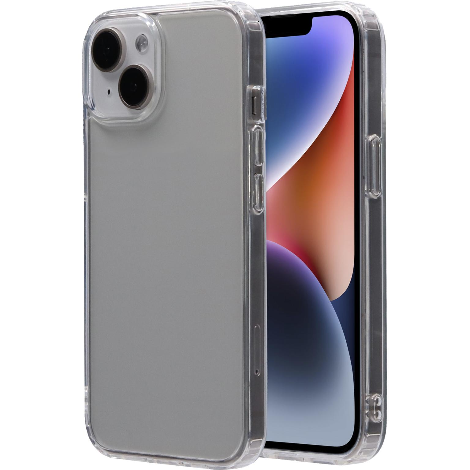 Transparante telefoonhoes met telefoon erin. Hoesje heeft camera-uitsparing, knoppen en een doorzichtige achterkant.