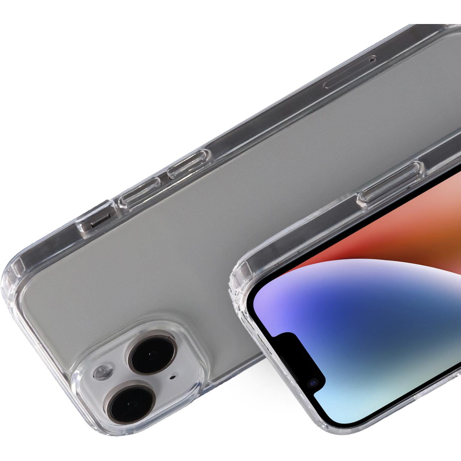 Een telefoon met een doorzichtig hoesje. De telefoon heeft een lichte kleur en het hoesje is doorzichtig. De achtergrond is wit.