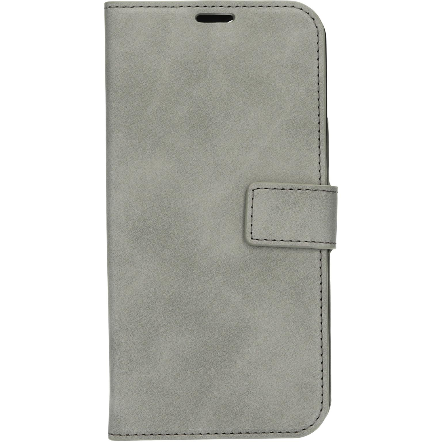Grijze telefoonhoes met een getextureerd oppervlak, gesloten met een magnetische flap.