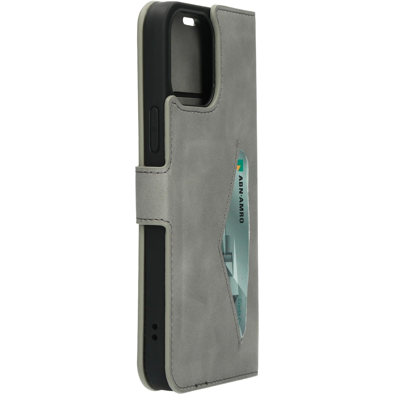 Grijze telefoonhoes in portemonnee-stijl, met een magnetische sluiting.