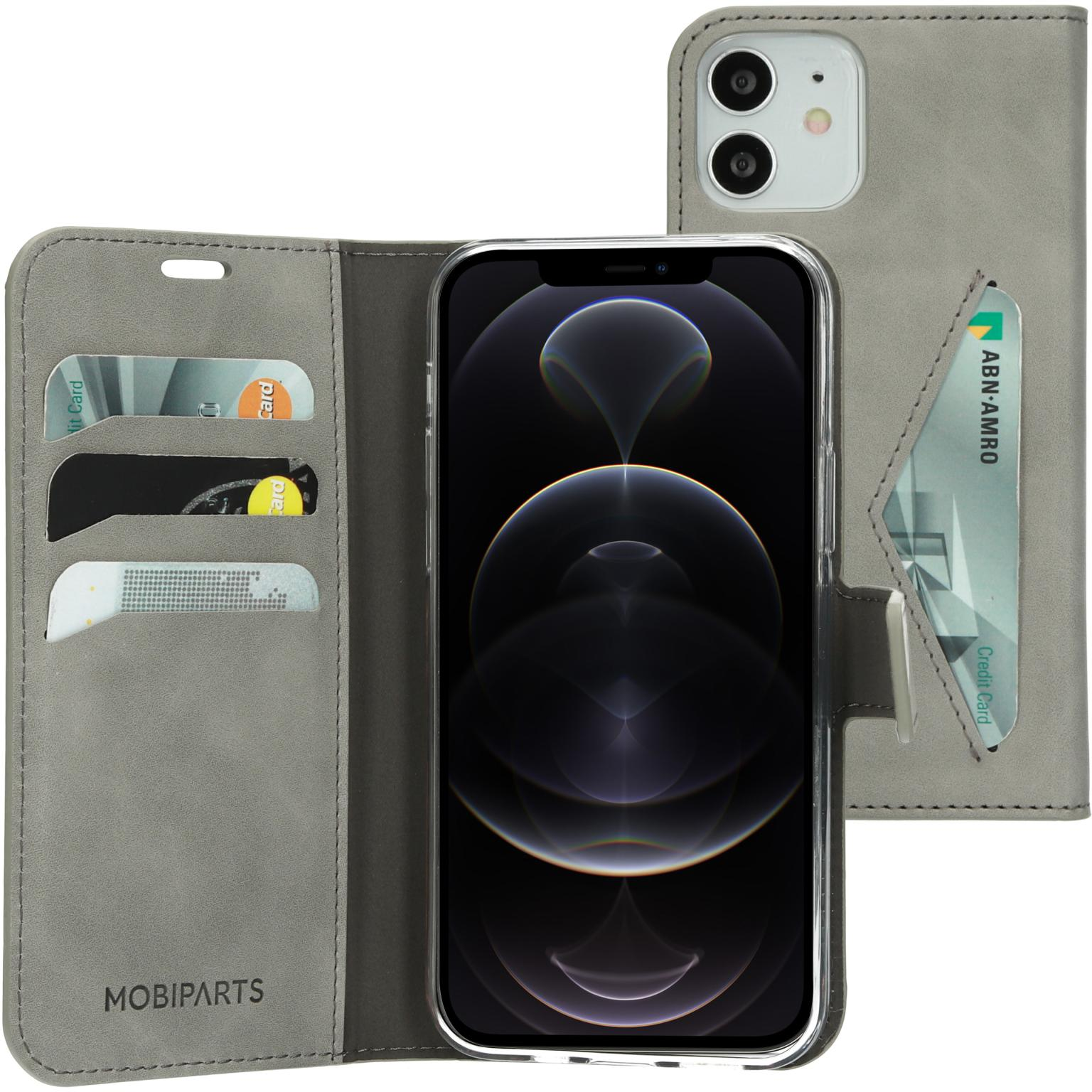 Gray phone case, wallet style, card slots. Phone visible. ABN AMRO card in the slot, black phone inside.