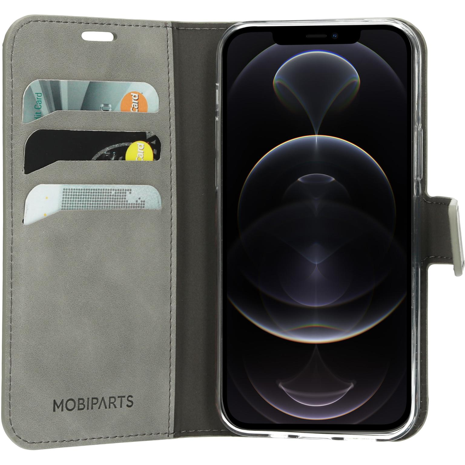 Grey phone case with card slots, showing a phone displaying an image. Isolated on white.