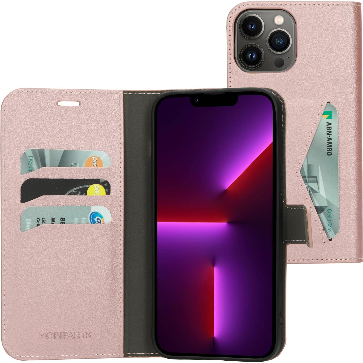 Roze telefoonhoesje met kaartsleuven en zichtbaar telefoonscherm met paarse gradiënt.