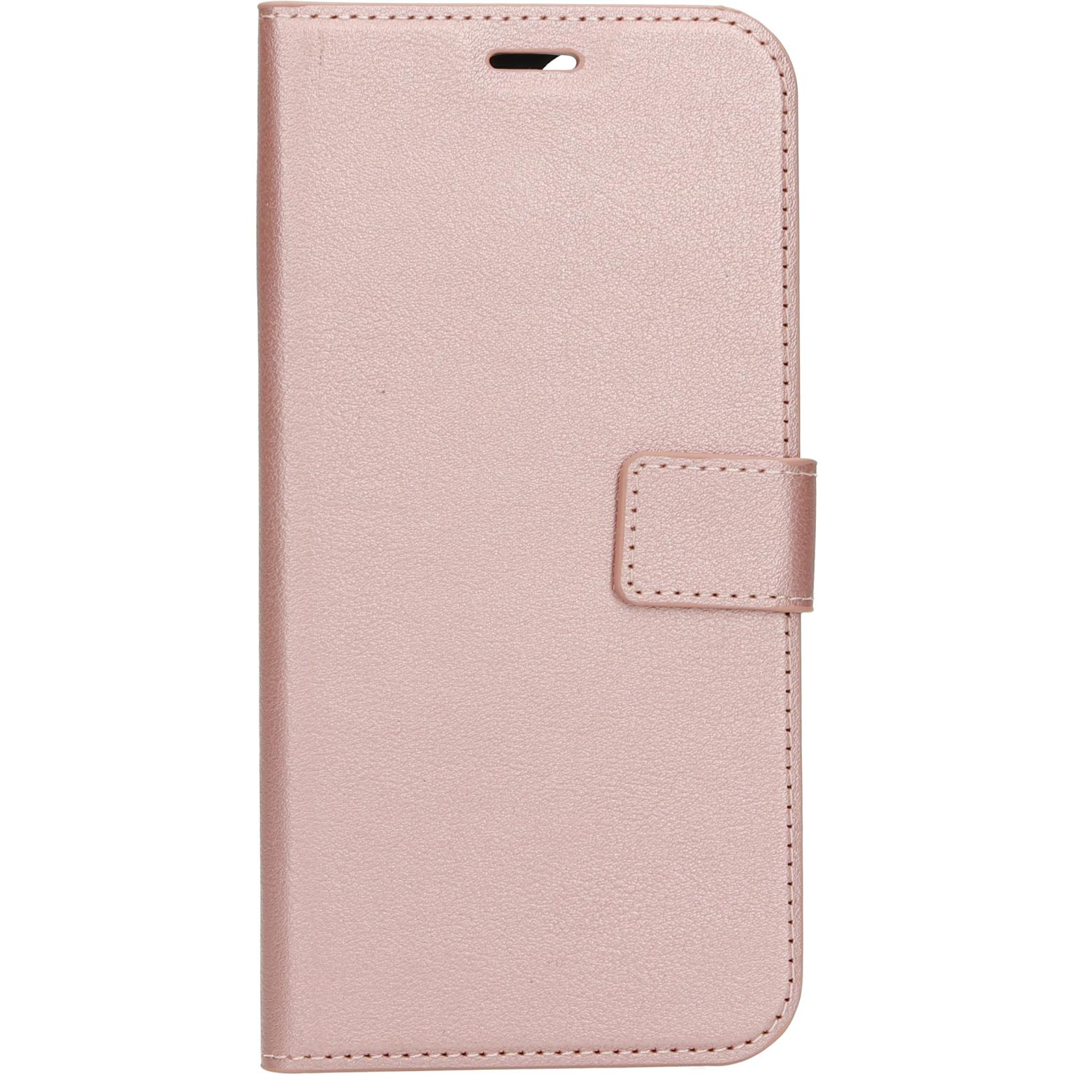 Roze telefoonhoes met een getextureerd oppervlak, gesloten met een magnetische flap.