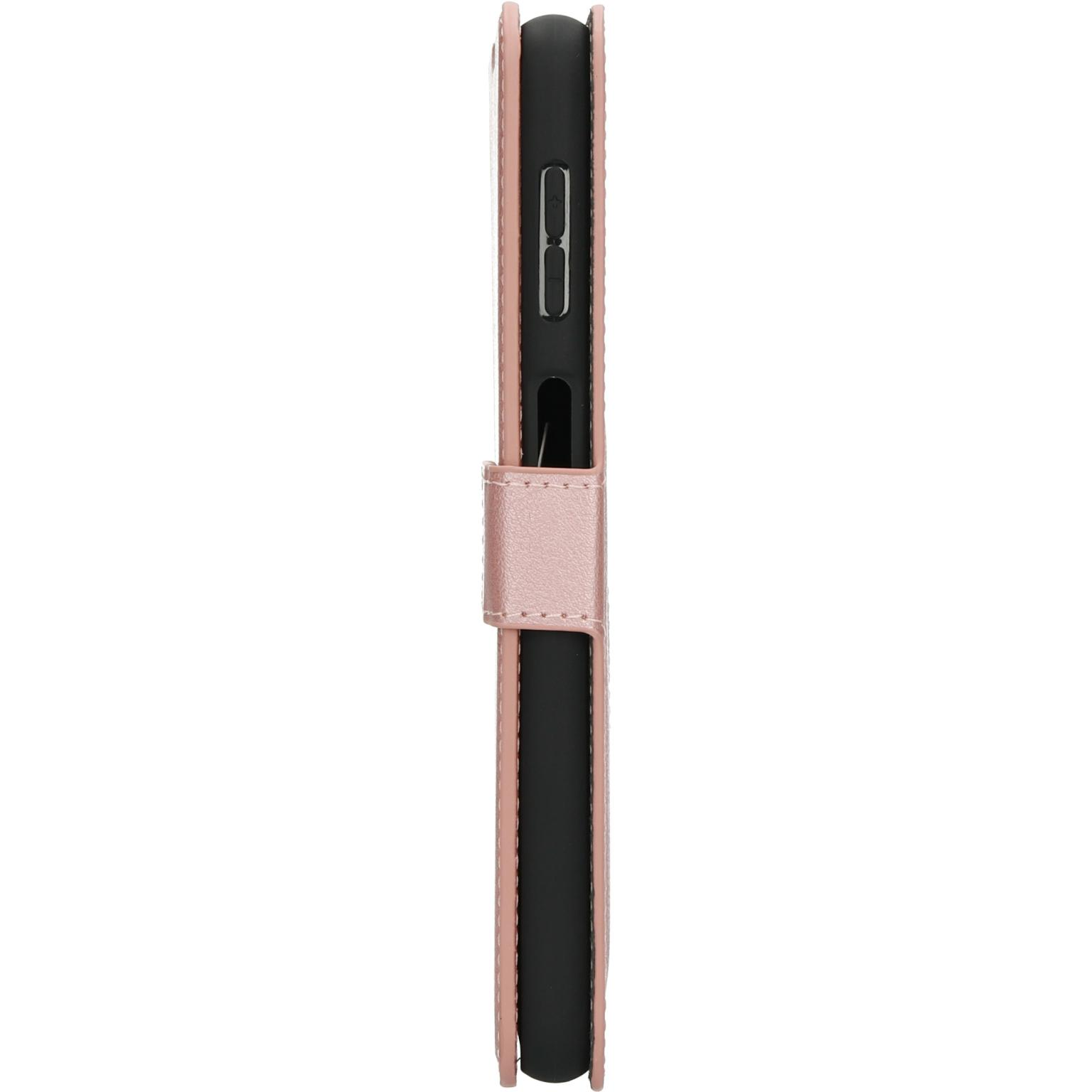 Zijaanzicht van een roze telefoonhoesje met een roze magnetische band.