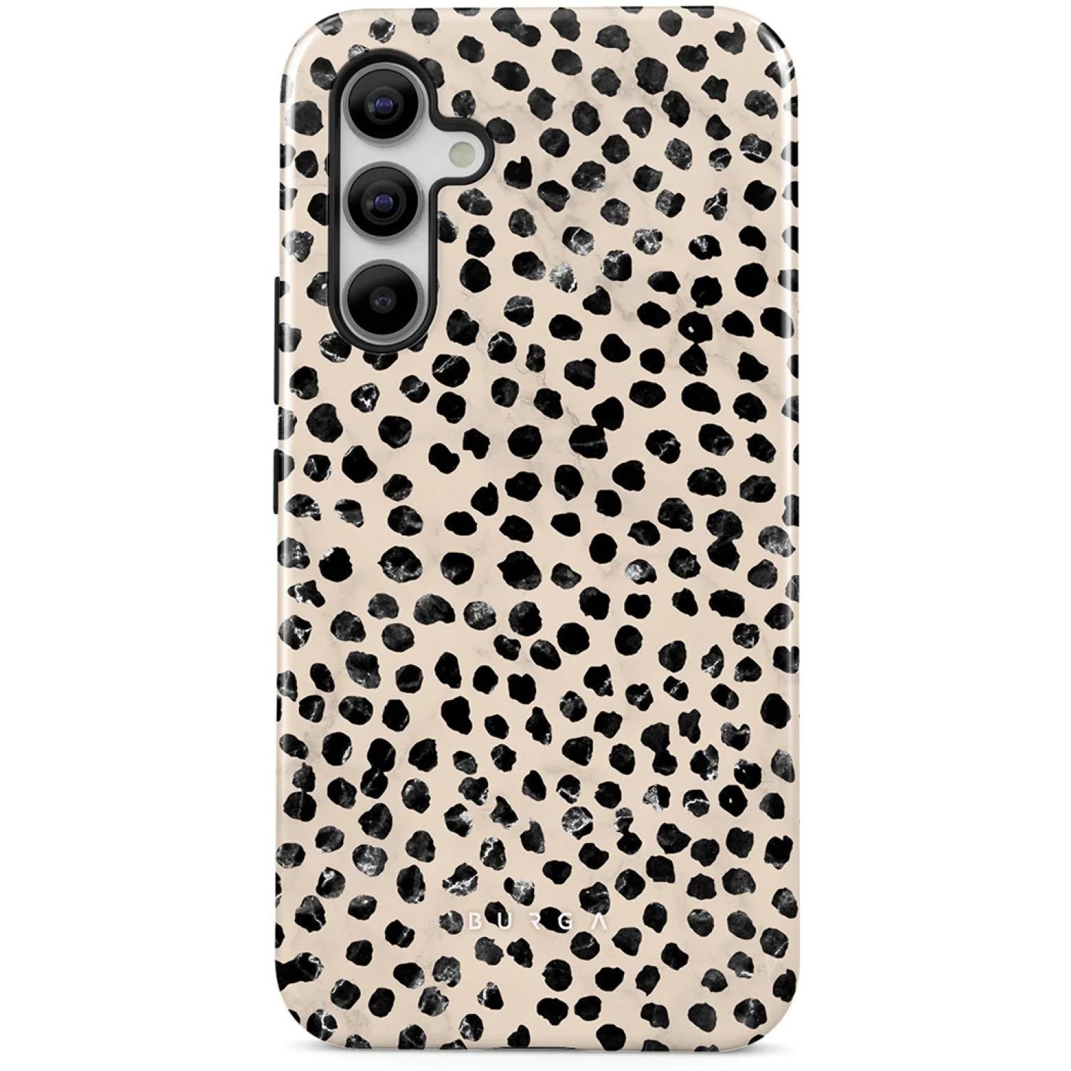Telefoonhoesje met zwarte stippen op een lichtbeige achtergrond.