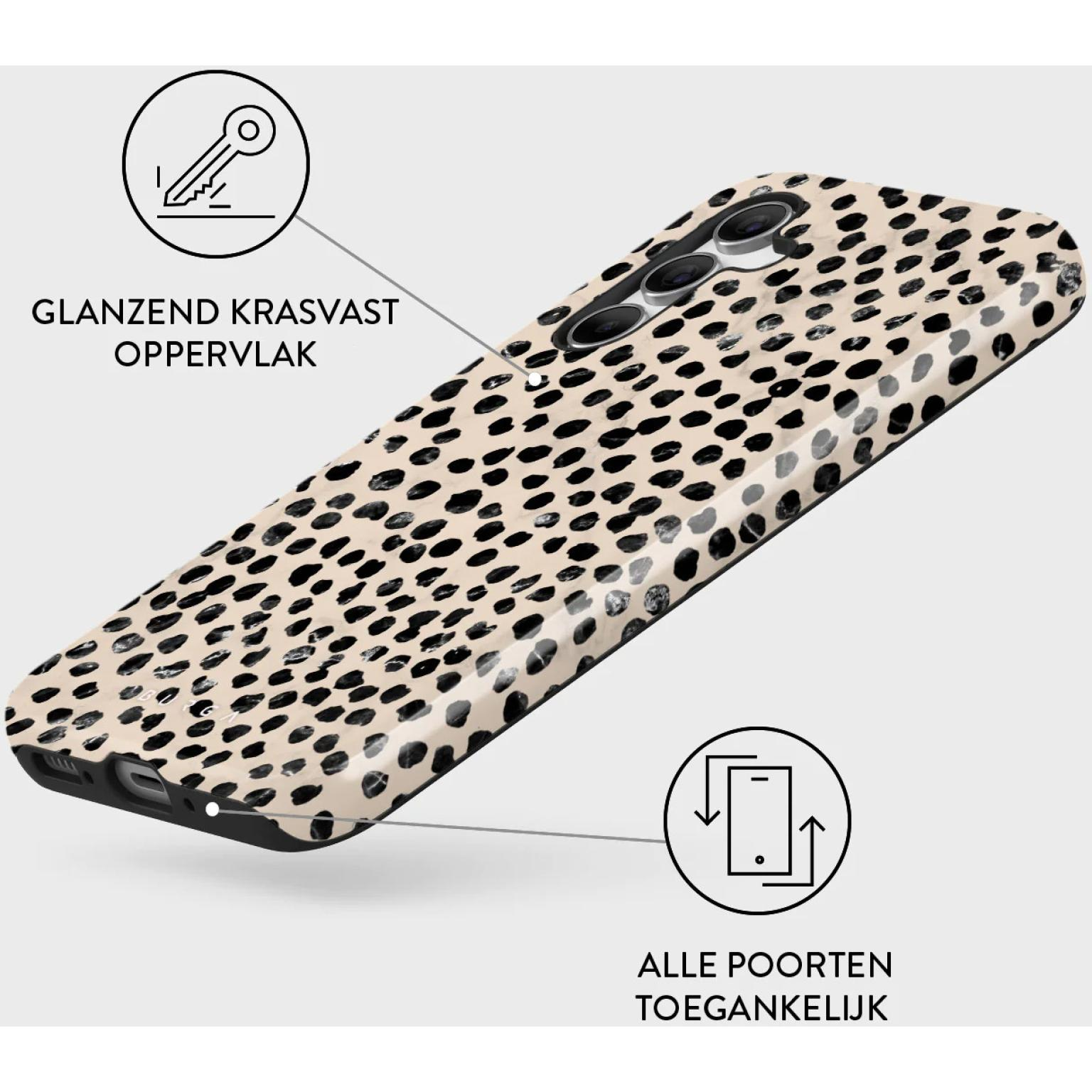 Telefoonhoesje met beige achtergrond en zwarte stippen. Glanzend, krasbestendig oppervlak.