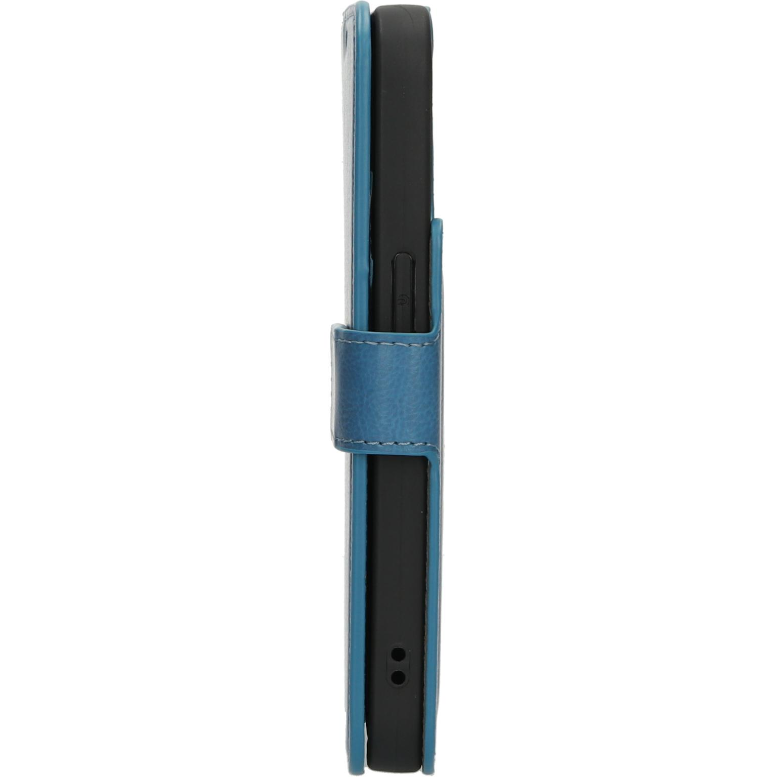 Blauw leren telefoonhoesje, gesloten, met de zijkant met de sluiting.