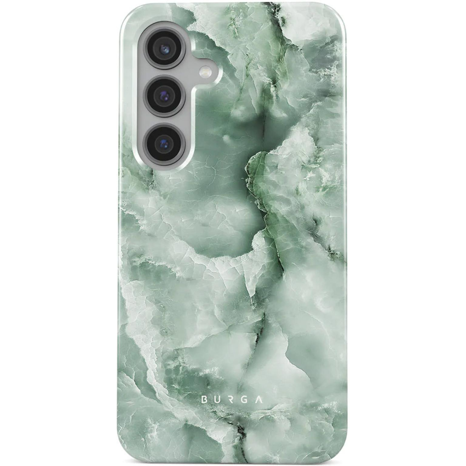 Custodia per telefono con un design a marmo verde. Il logo Burga è visibile in basso.