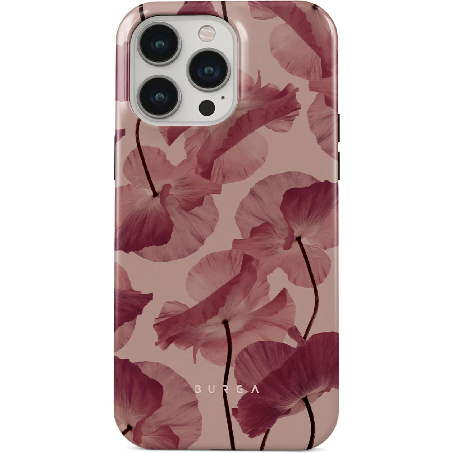 Coque de téléphone avec un motif floral de fleurs roses sur fond rose, avec une découpe pour l'appareil photo.