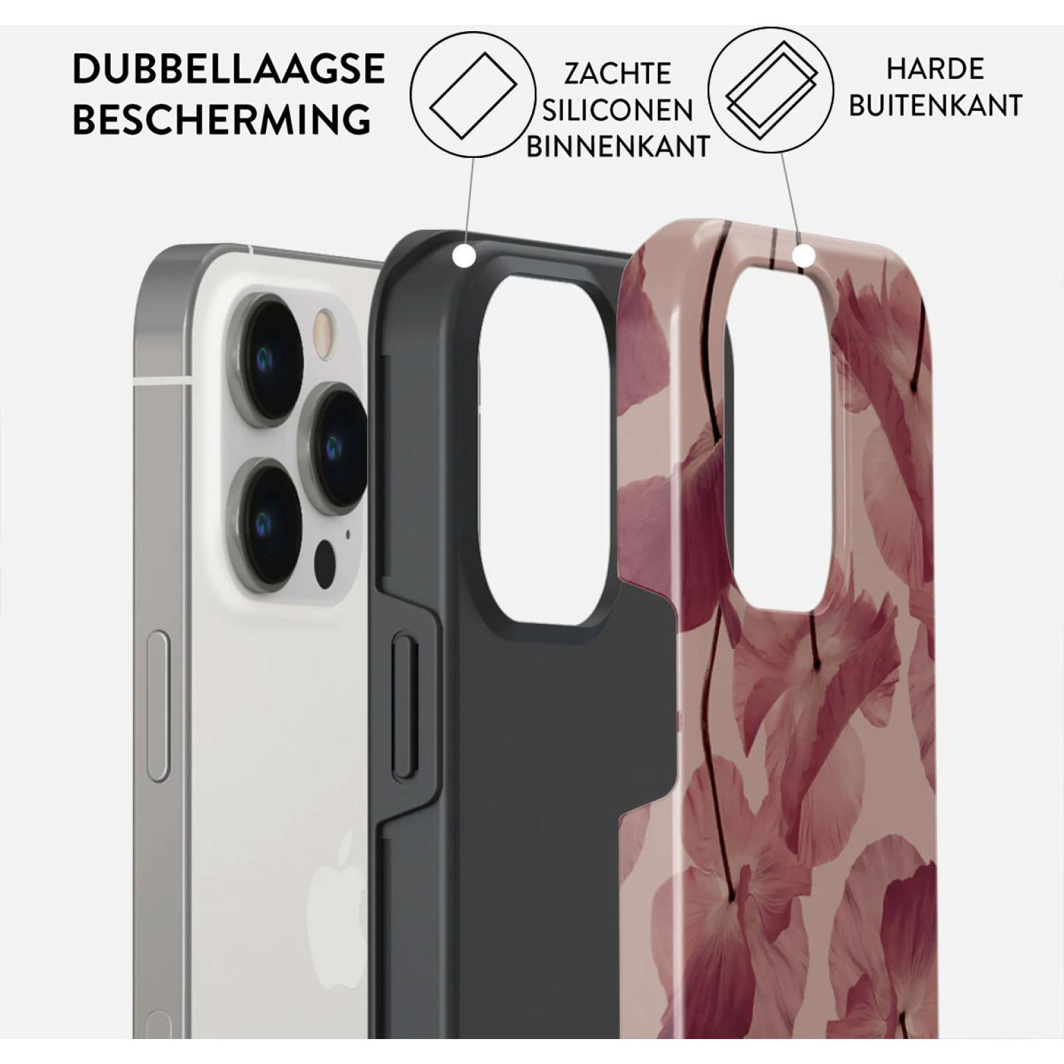 Couches de coque de téléphone, montrant du silicone souple à l'intérieur et une coque extérieure dure. Texte : Protection double couche.