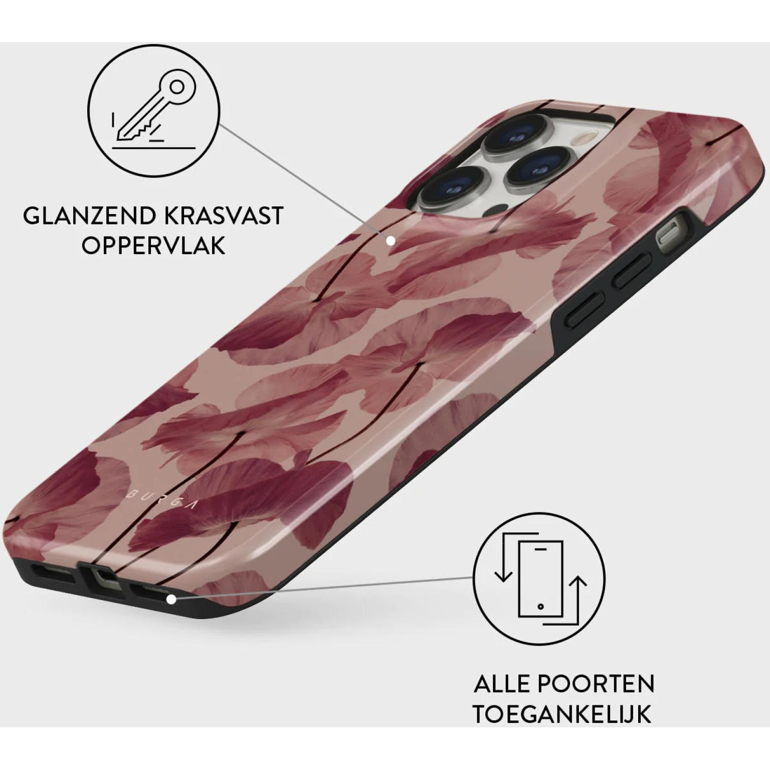 Coque de téléphone avec un motif floral, montrant l'arrière du téléphone. Textes.