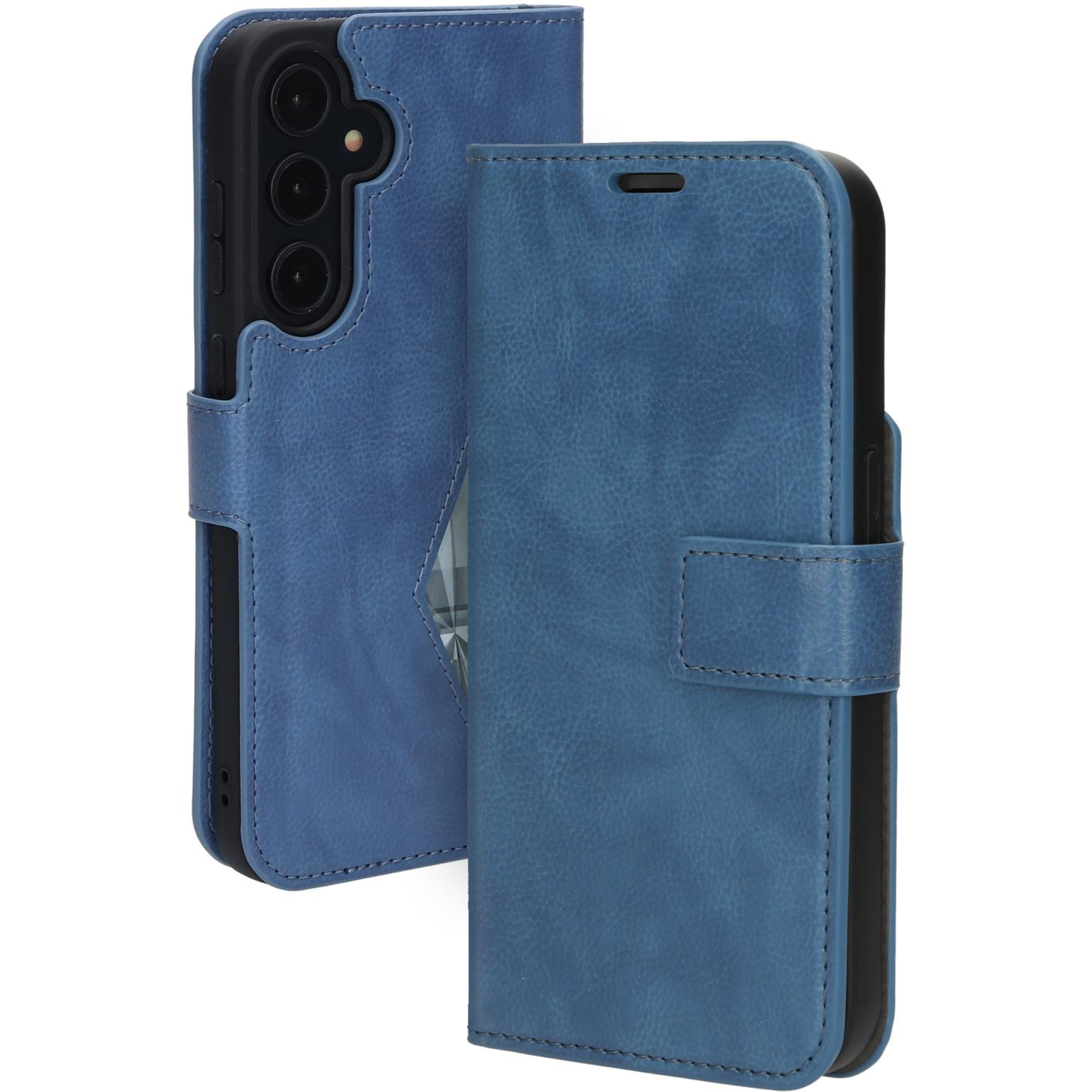 Blauw leren telefoonhoesje in portemonnee stijl, met telefoon en kaartsleuf.