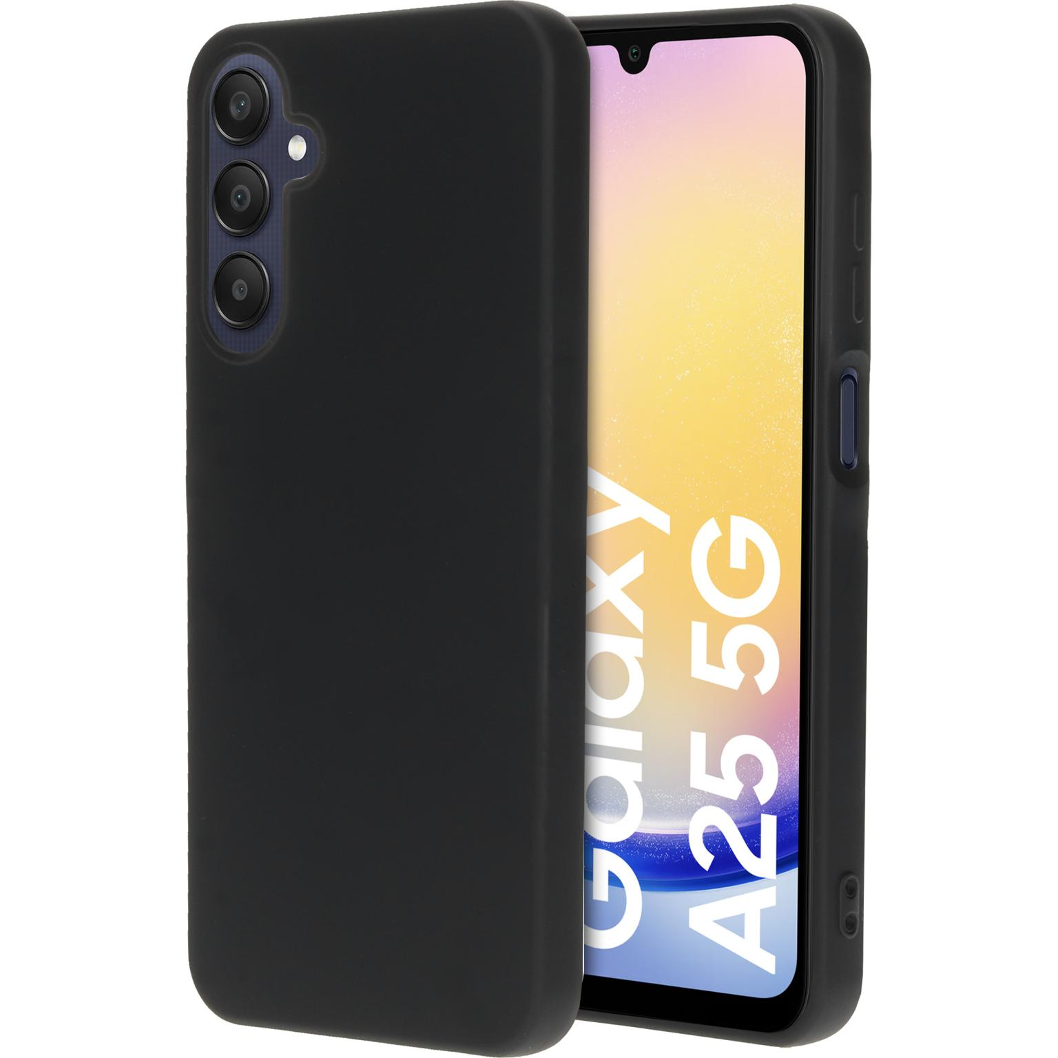 Zwarte telefoonhoes met een telefoon erin met de tekst "Galaxy A25 5G".