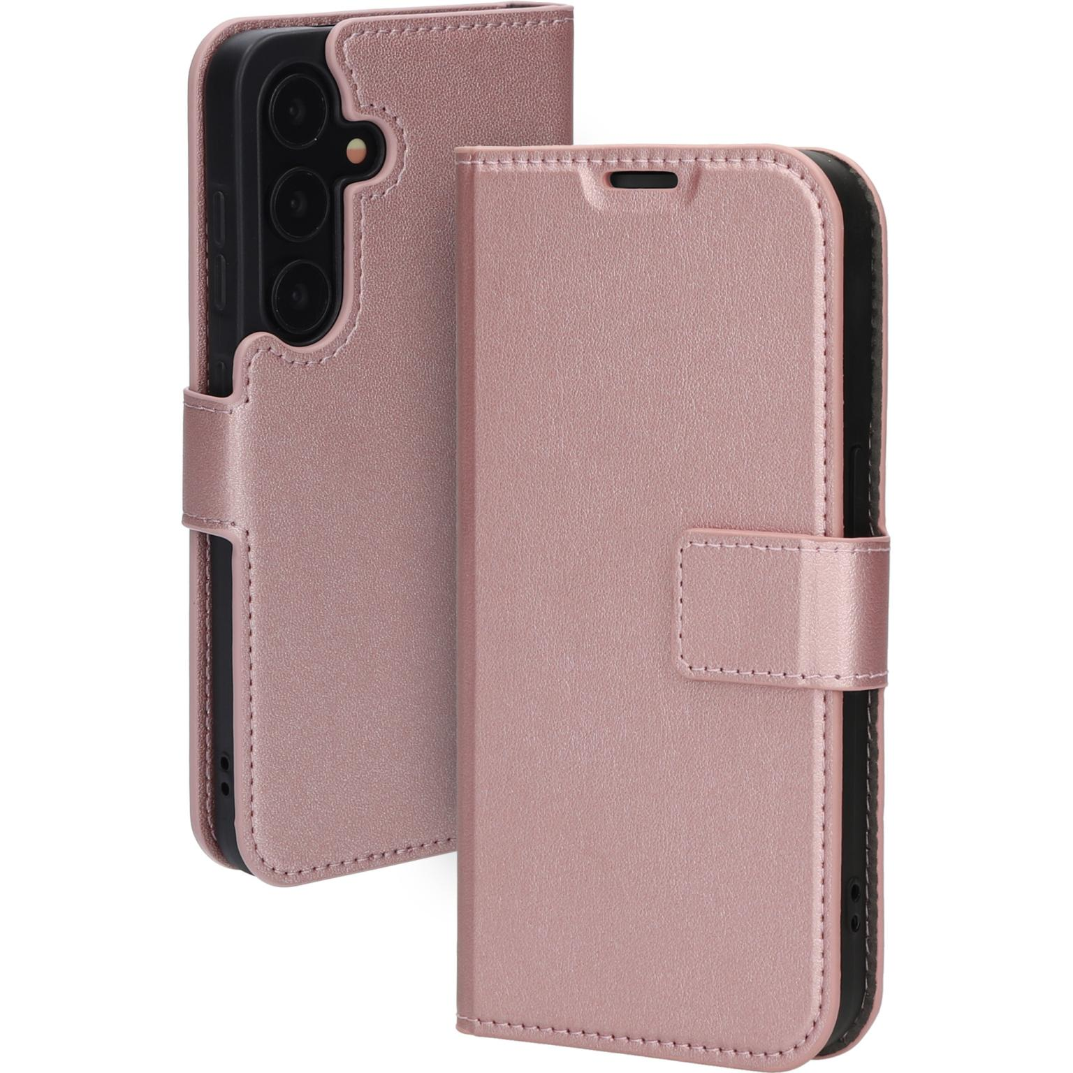Roze telefoonhoes in portefeuille-stijl. Rechts open, telefoon tonend. Knopsluiting links.