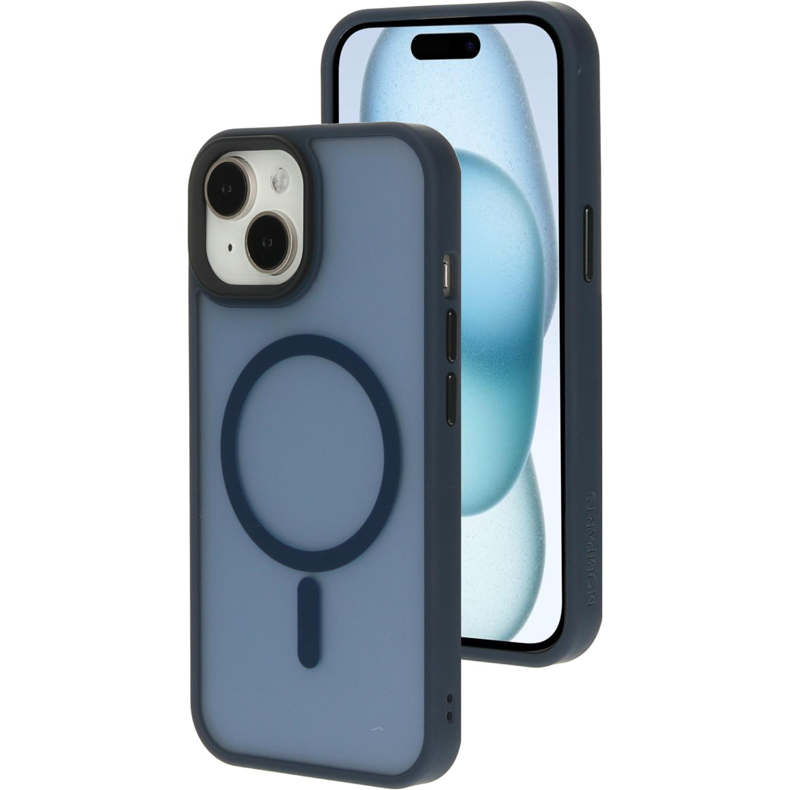 Blauwe telefoonhoes met een zwarte cirkel en een verticale lijn, op een witte achtergrond. Telefoon staat rechts.