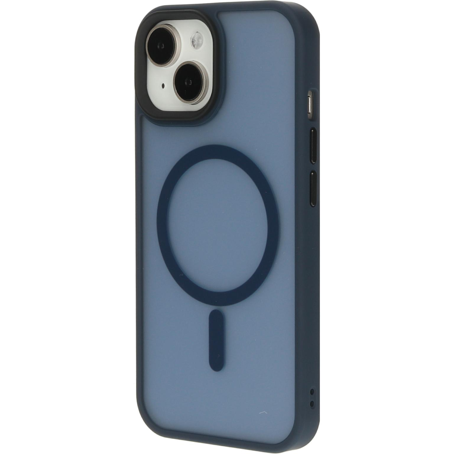Blauwe telefoonhoes met cirkel en lijn op de achterkant, zwart frame.