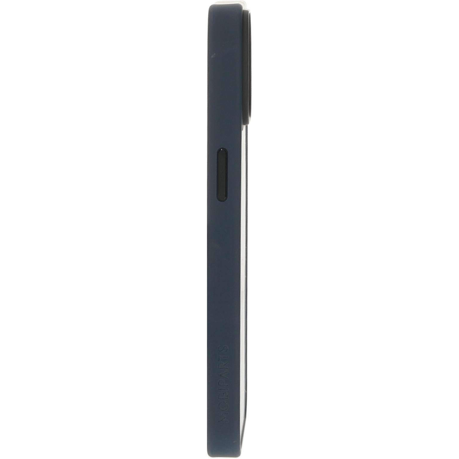 Zijkant van een blauwe telefoonhoes, met knoppen.