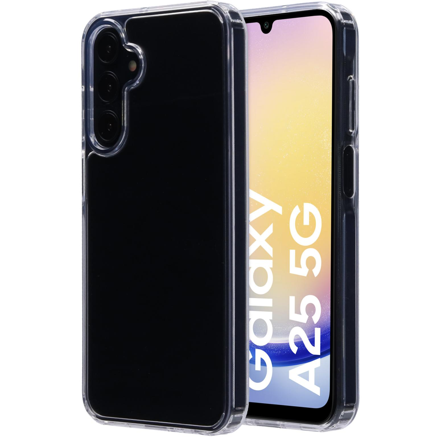 Telefoon in een transparante hoes met zwarte achterkant en de tekst 'Galaxy A25 5G'.