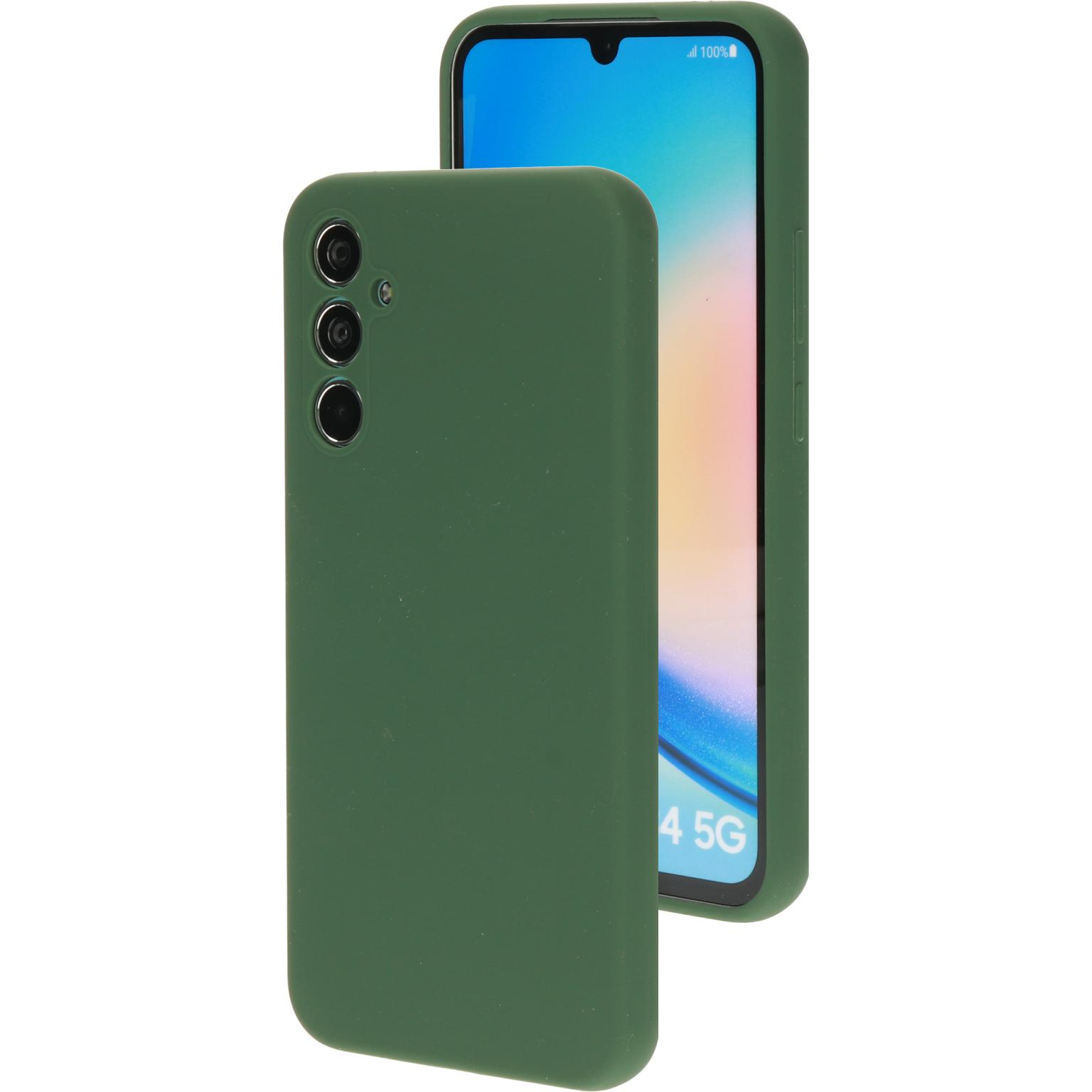 Groene telefoonhoes met een telefoon erin. De telefoon heeft een groen frame en een display.