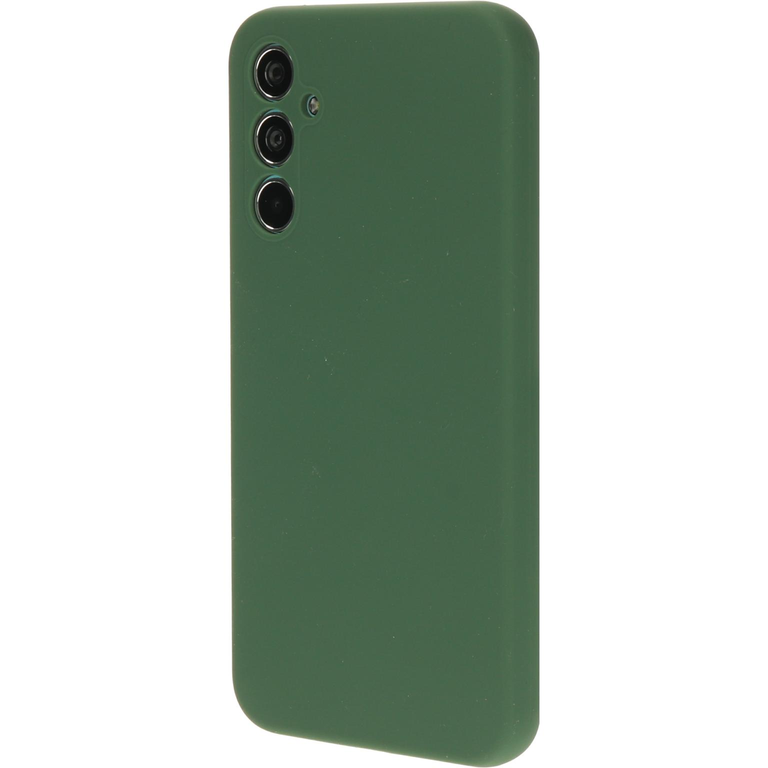 Groene telefoonhoes met drie camera-uitsparingen en een effen groene achterkant.