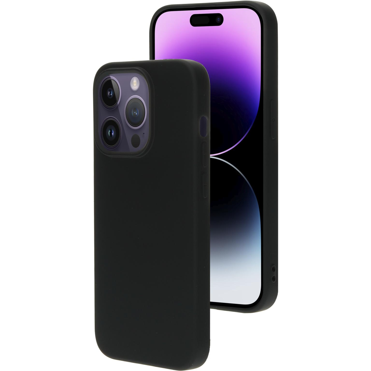 Zwart telefoonhoesje met een telefoon erin. De cameralenzen zijn zichtbaar.