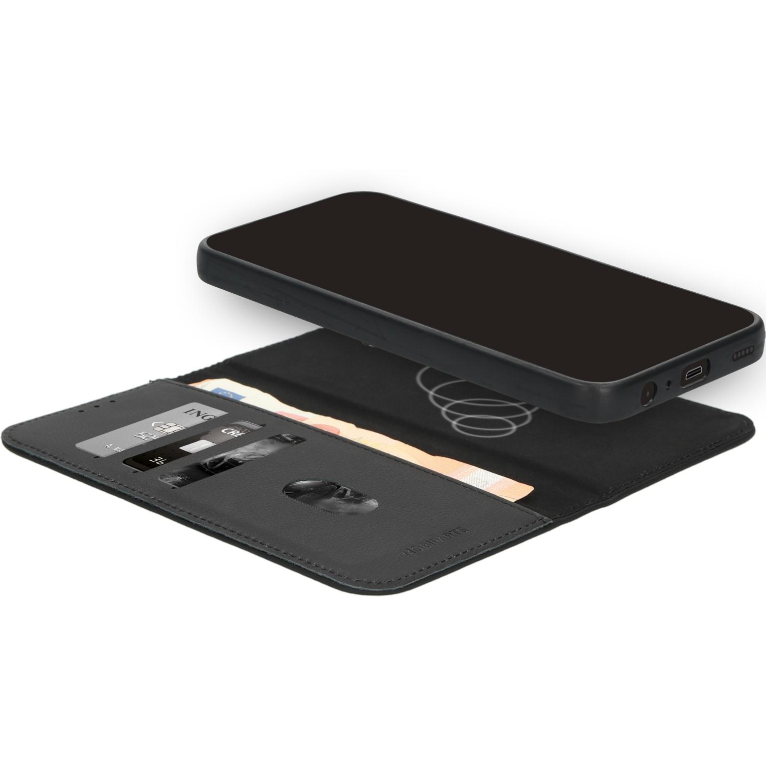 Portemonnee telefoonhoesje met telefoon, kaartsleuven en contant geld.