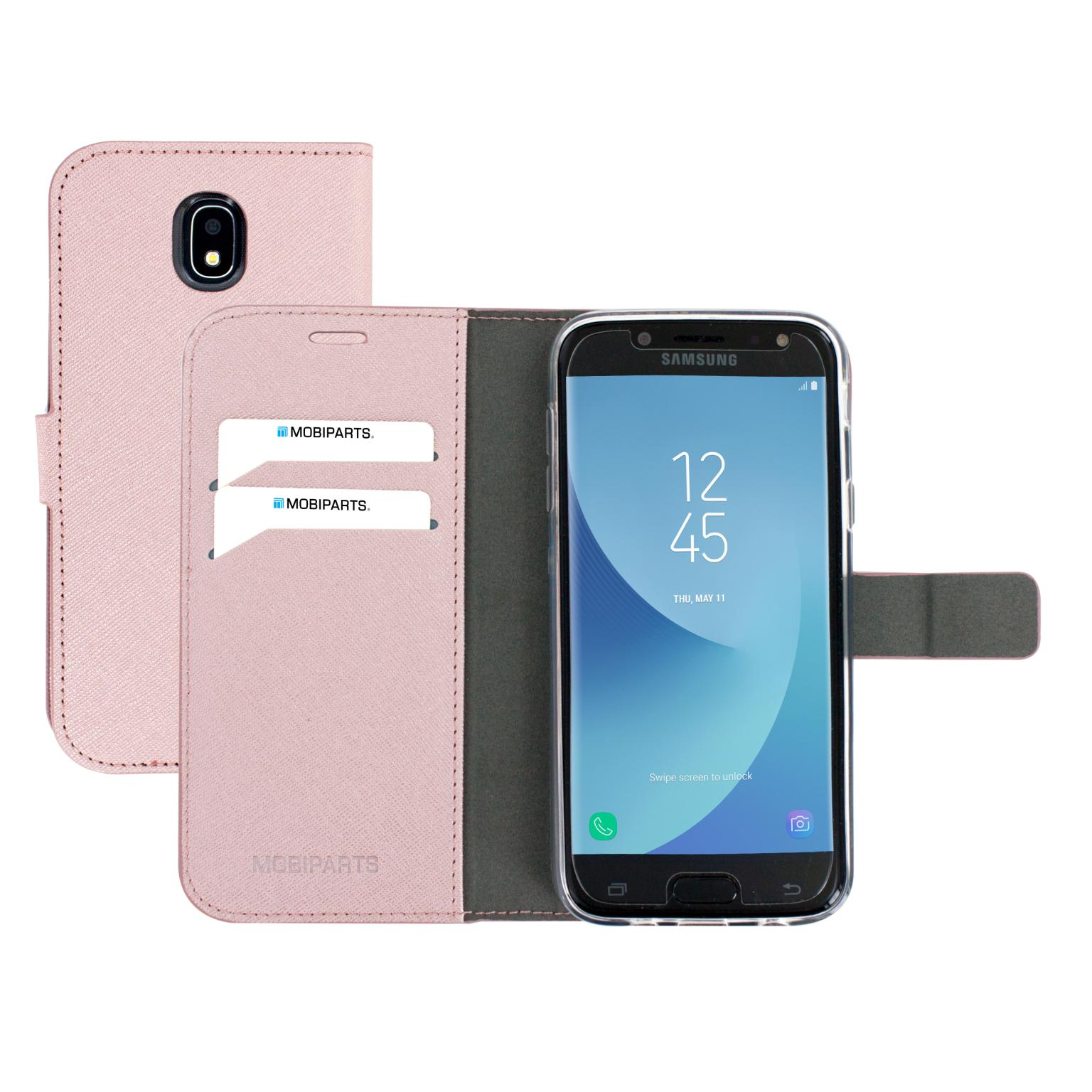 Roze telefoonhoes op een Samsung-telefoon. De hoes is open, de telefoon zit erin. Witte achtergrond.