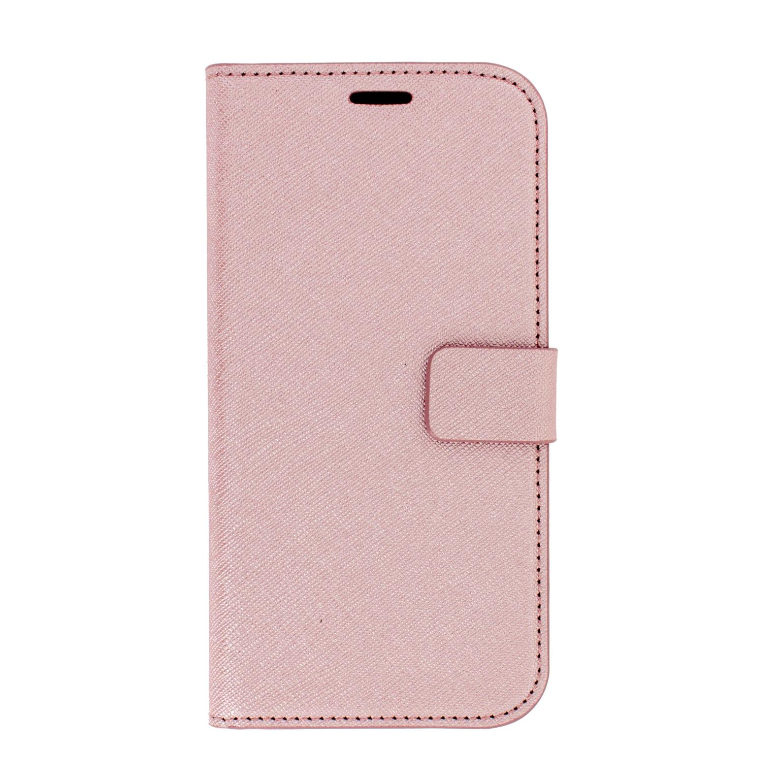 Een roze telefoonhoesje is gesloten. Het heeft een textuur en een magnetische sluiting.