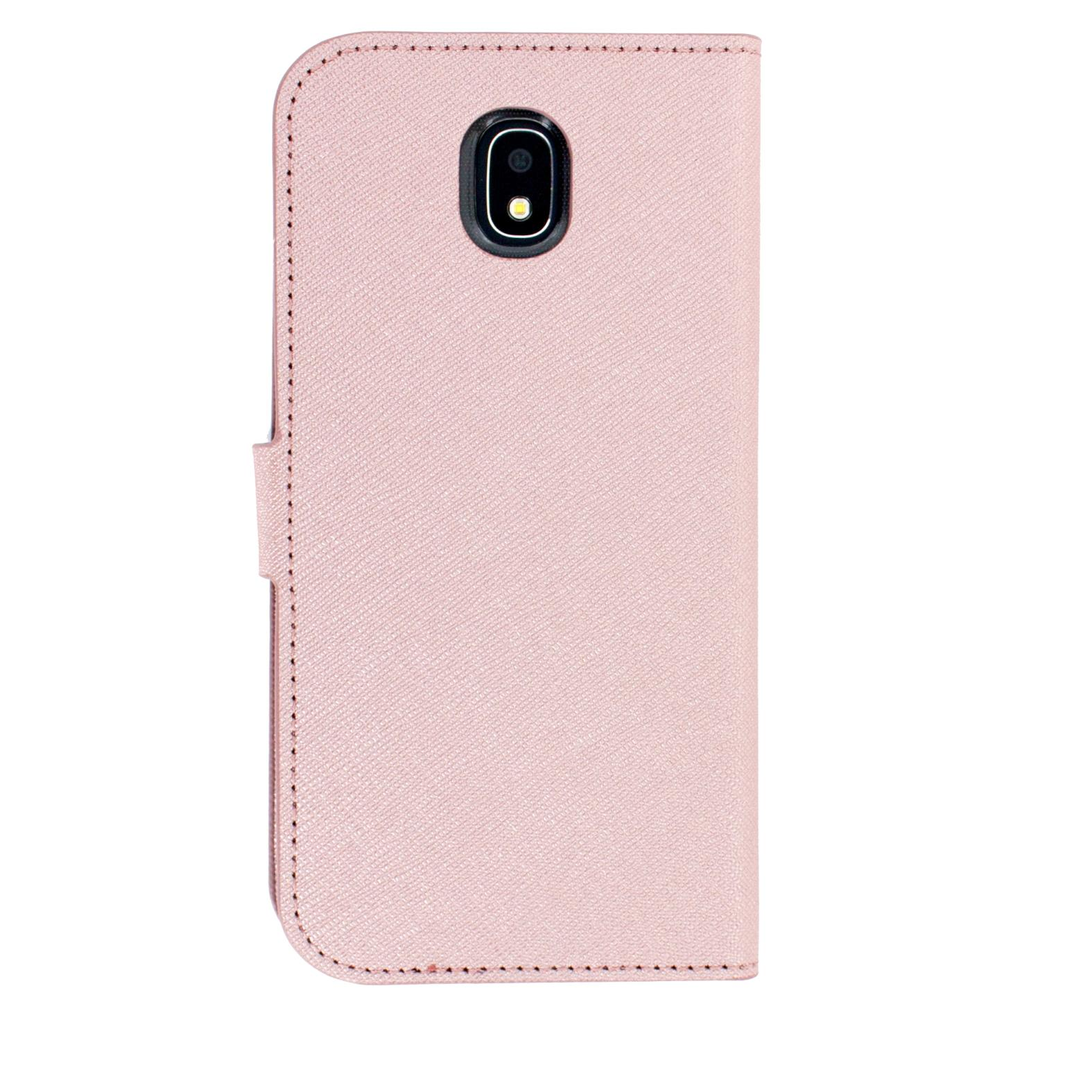 Roze portemonnee telefoonhoesje, gesloten. De hoes heeft een camera-uitsparing.