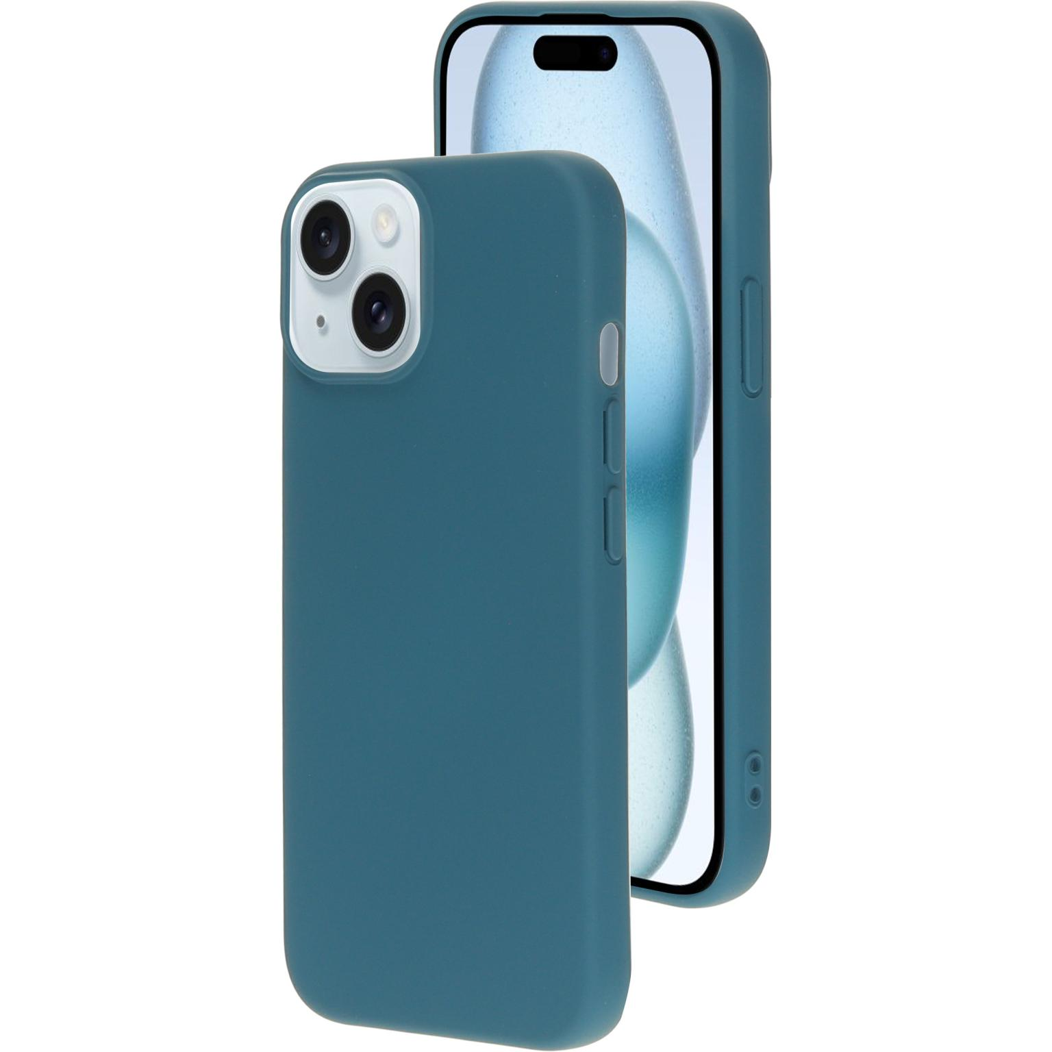 Turquoise telefoonhoesjes. Eén staat rechtop en toont de achterkant, de andere leunt en toont het scherm.