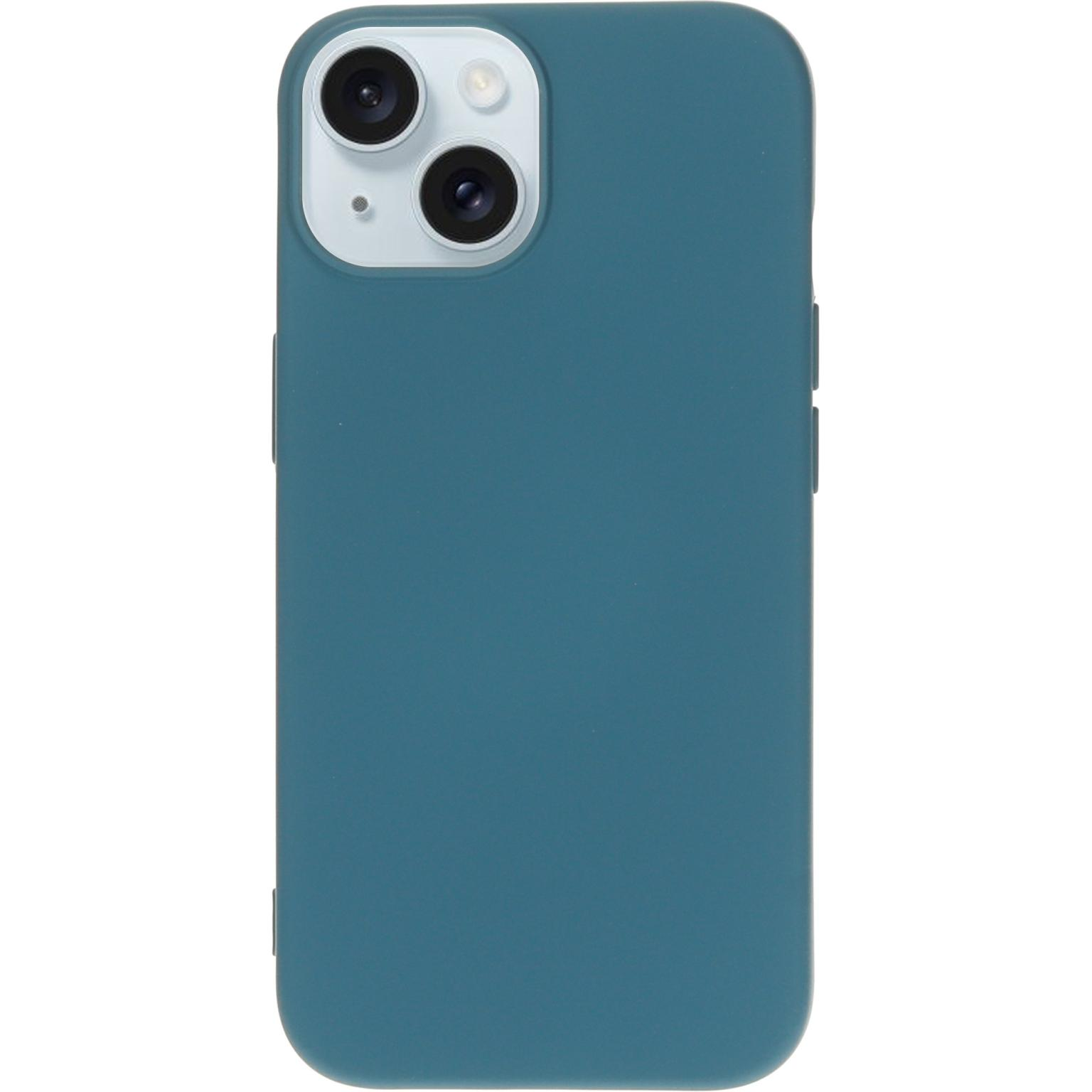 Blauwgroene telefoonhoes met dubbele camera's. De achterkant van de hoes is zichtbaar.