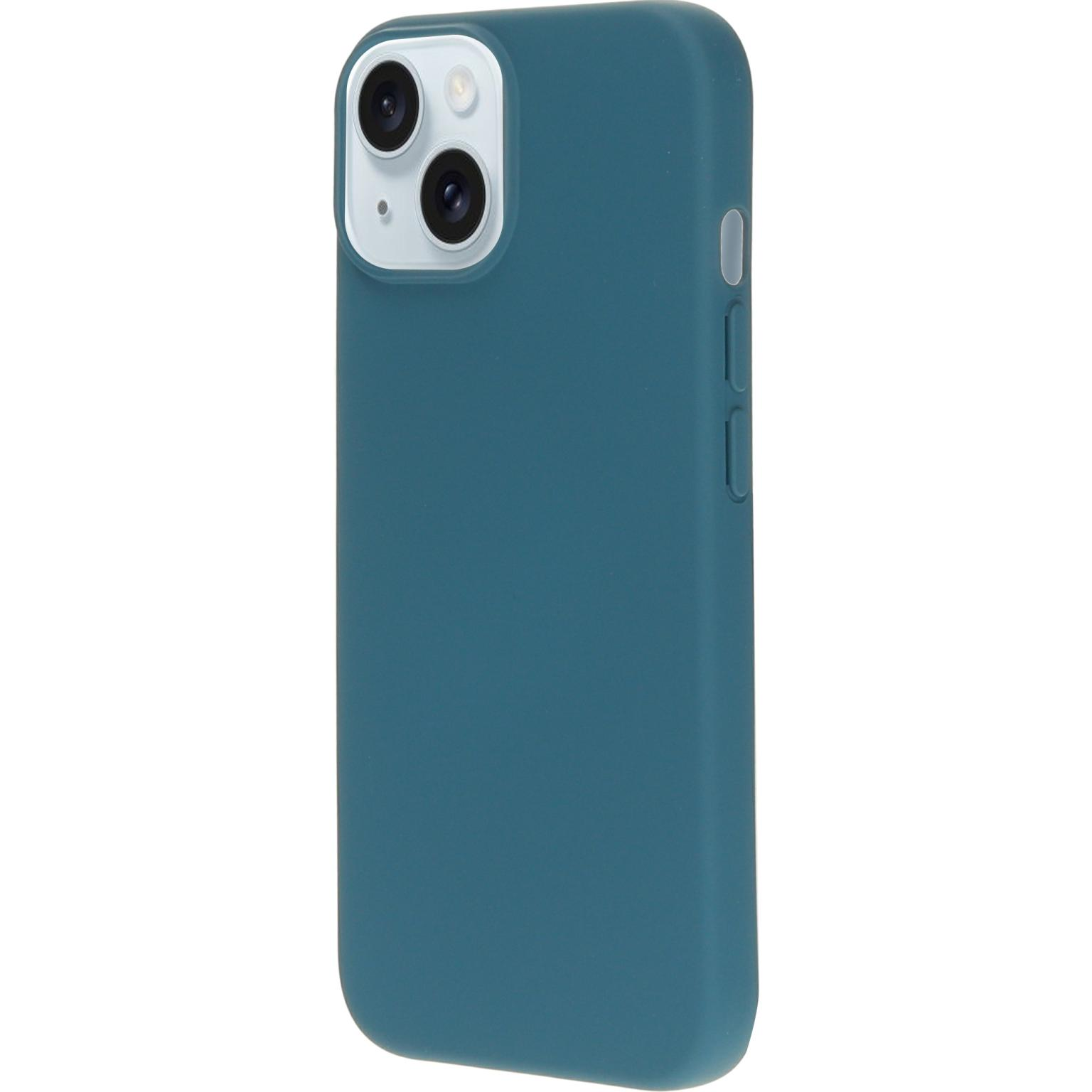 Teal telefoonhoes op een telefoon. De hoes heeft twee camera's. Witte achtergrond.