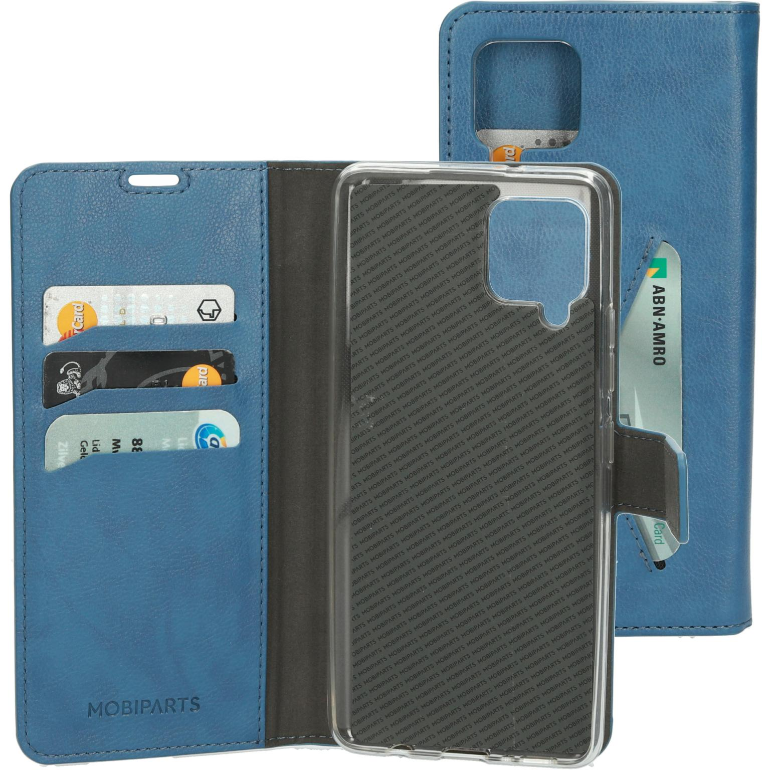 Blauw telefoonhoesje met kaartsleuven en telefoonhouder. MOBIPARTS aan de binnenkant.