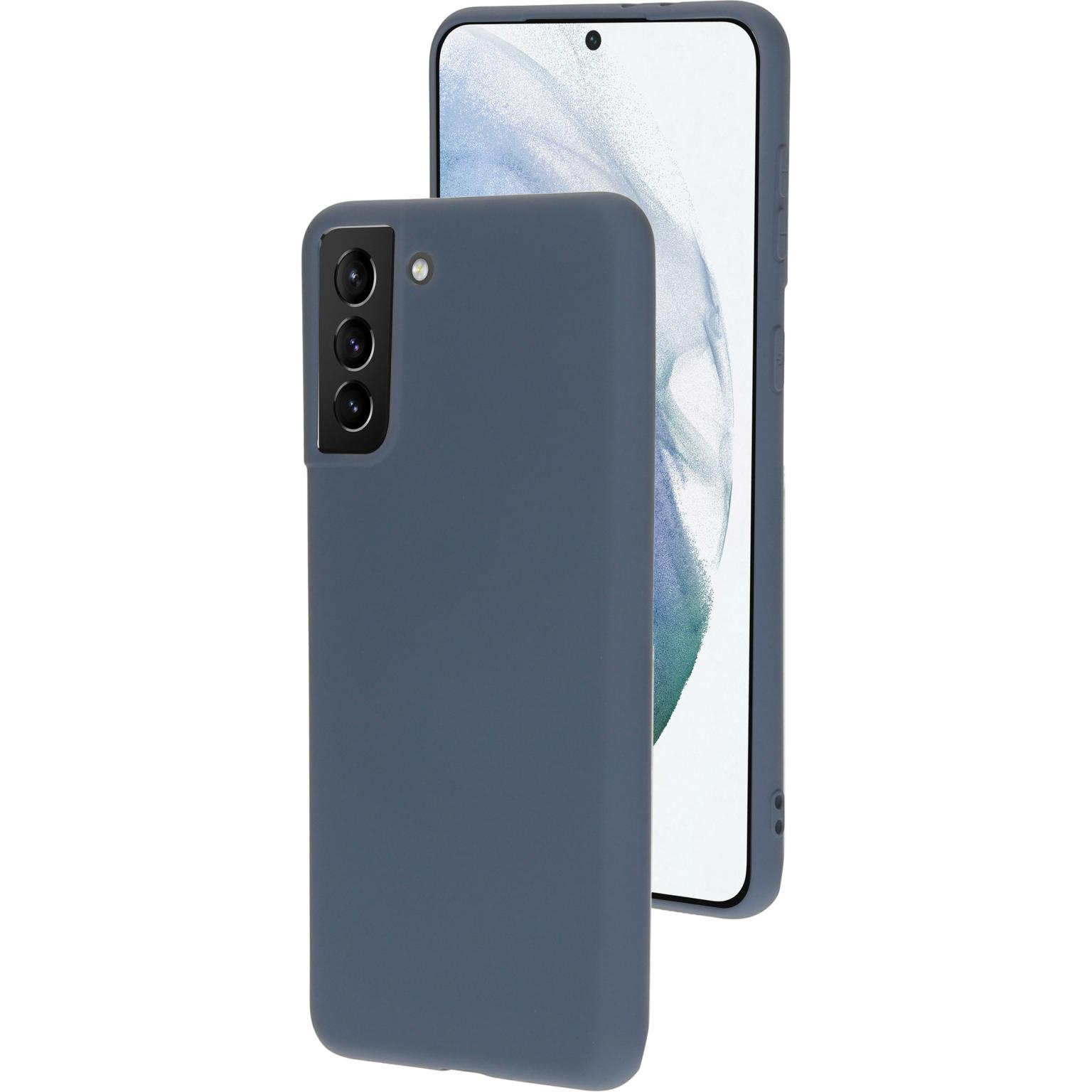 Blauwe telefoonhoes met een telefoon erin. De telefoon is blauw met een drievoudige camera.