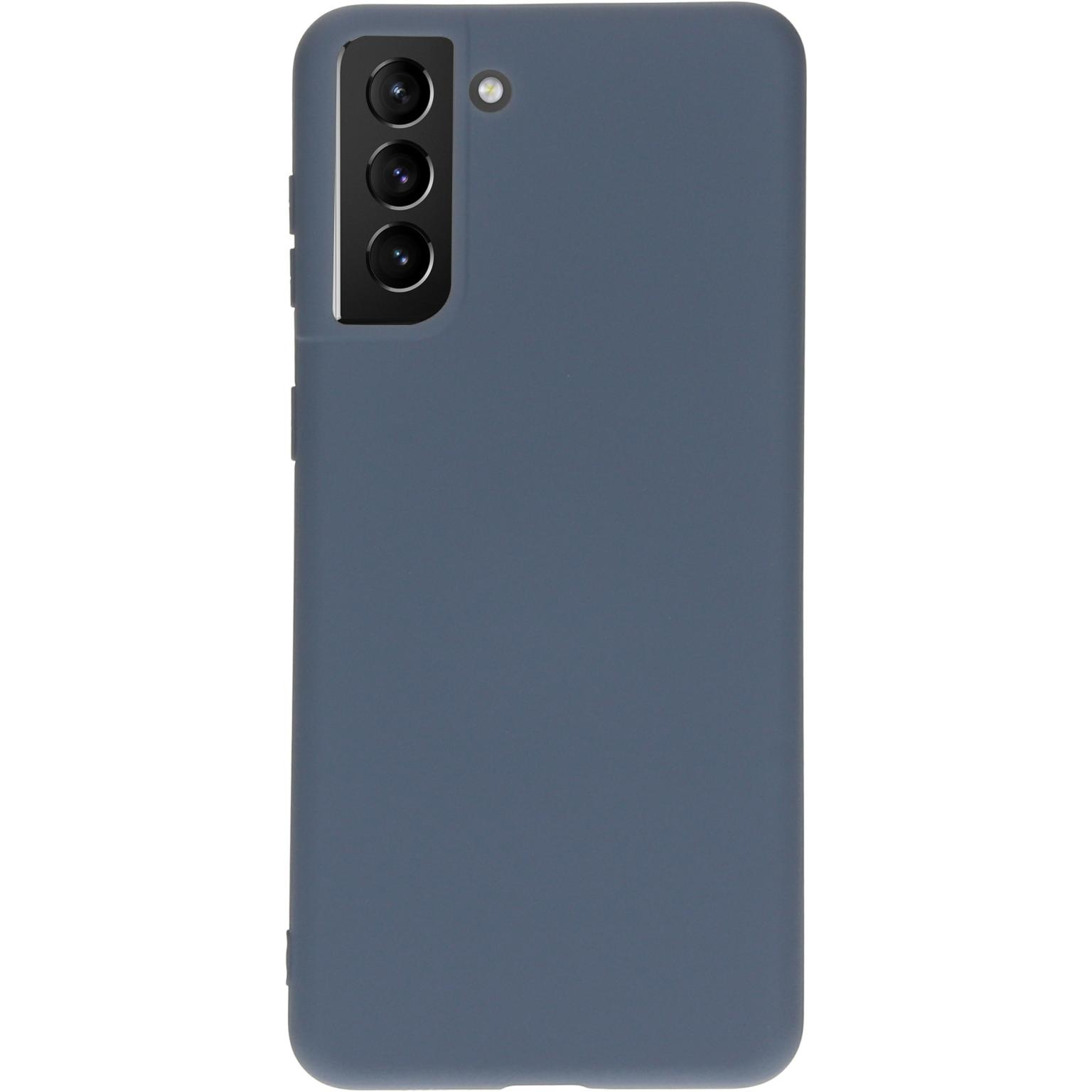 Een donkerblauwe telefoonhoes. Drie cameralenzen zijn zichtbaar linksboven.