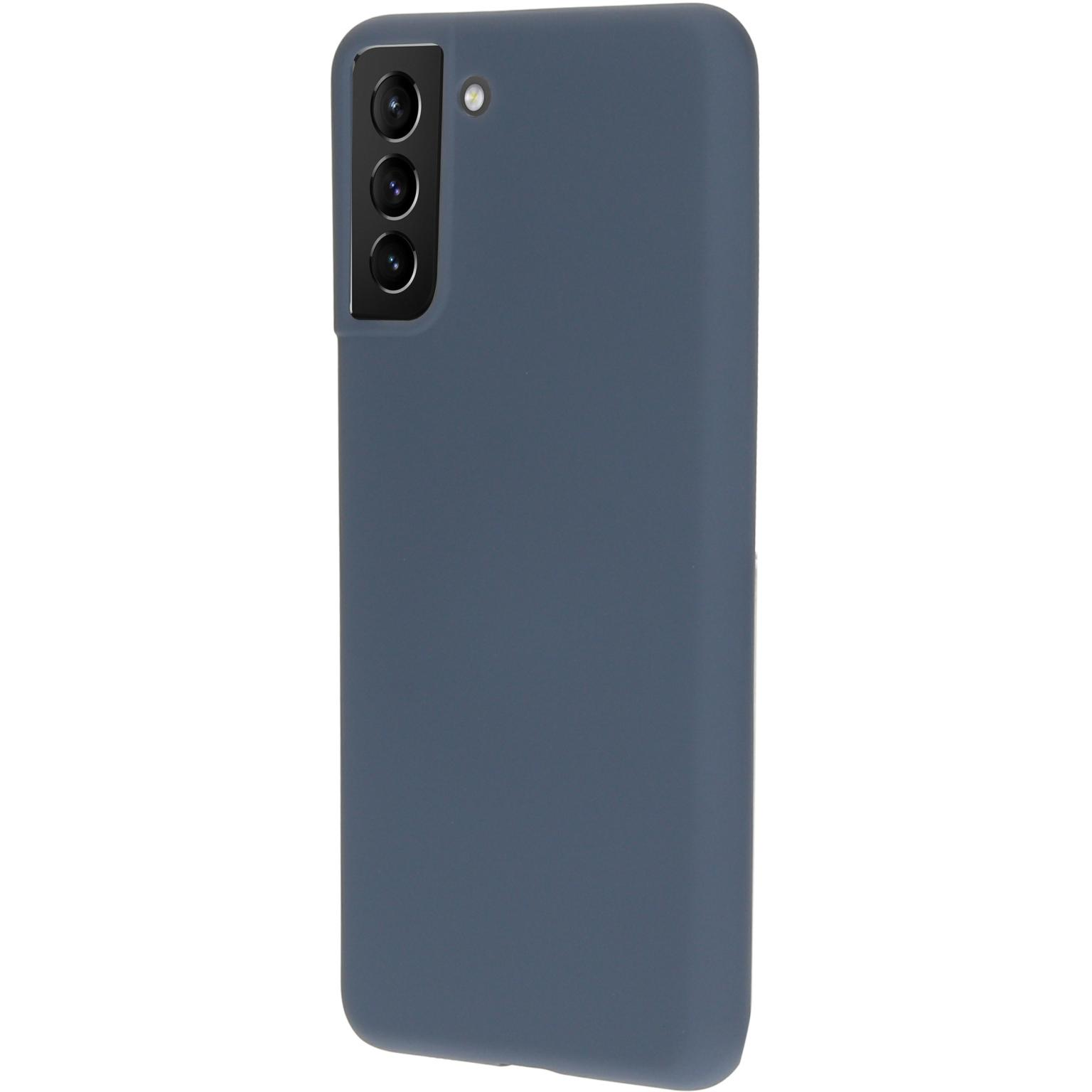 Blauw telefoonhoesje, met een telefoon erin. De hoes bedekt de achterkant.