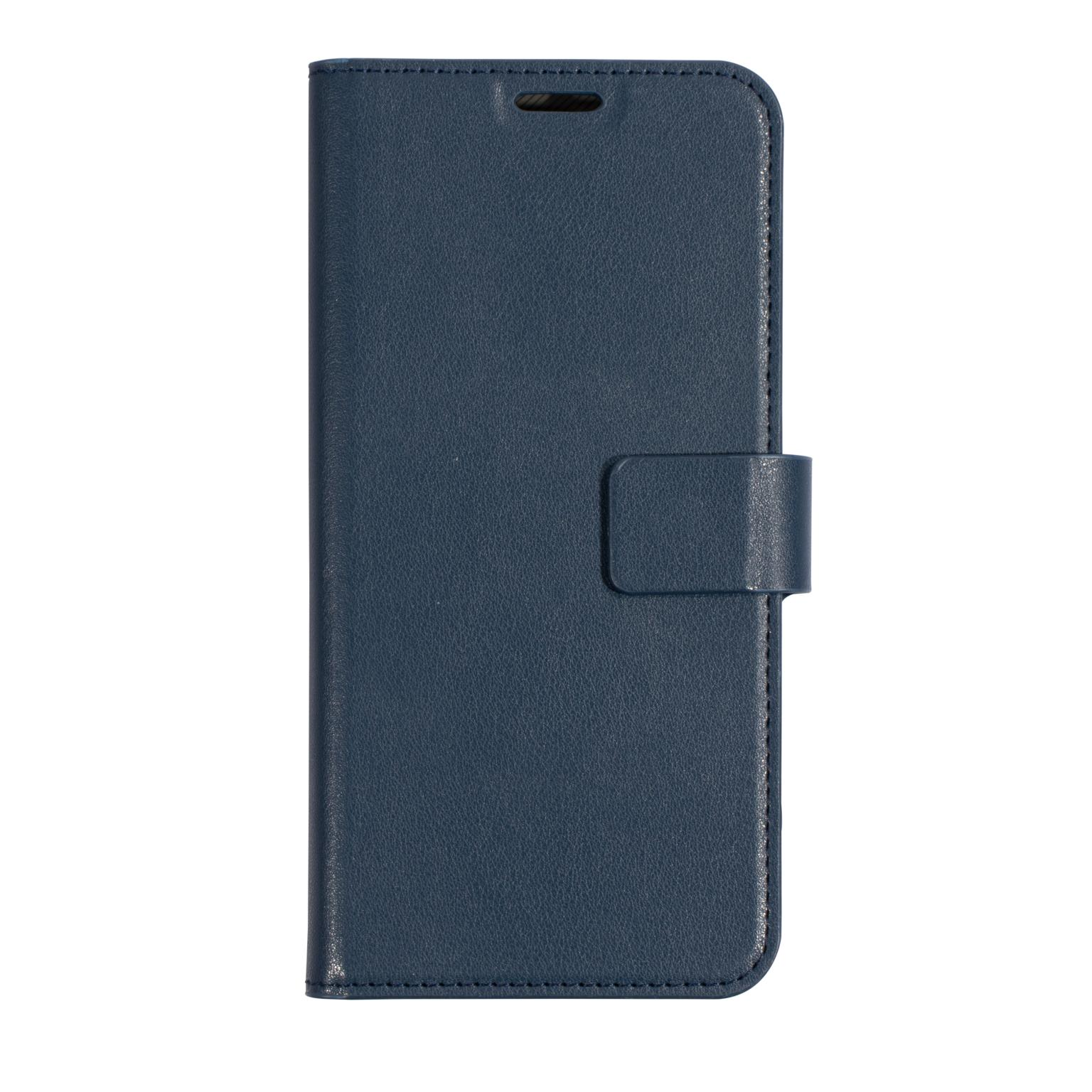 Donkerblauw telefoonhoesje, met een gesloten hoes. De hoes is van leer.