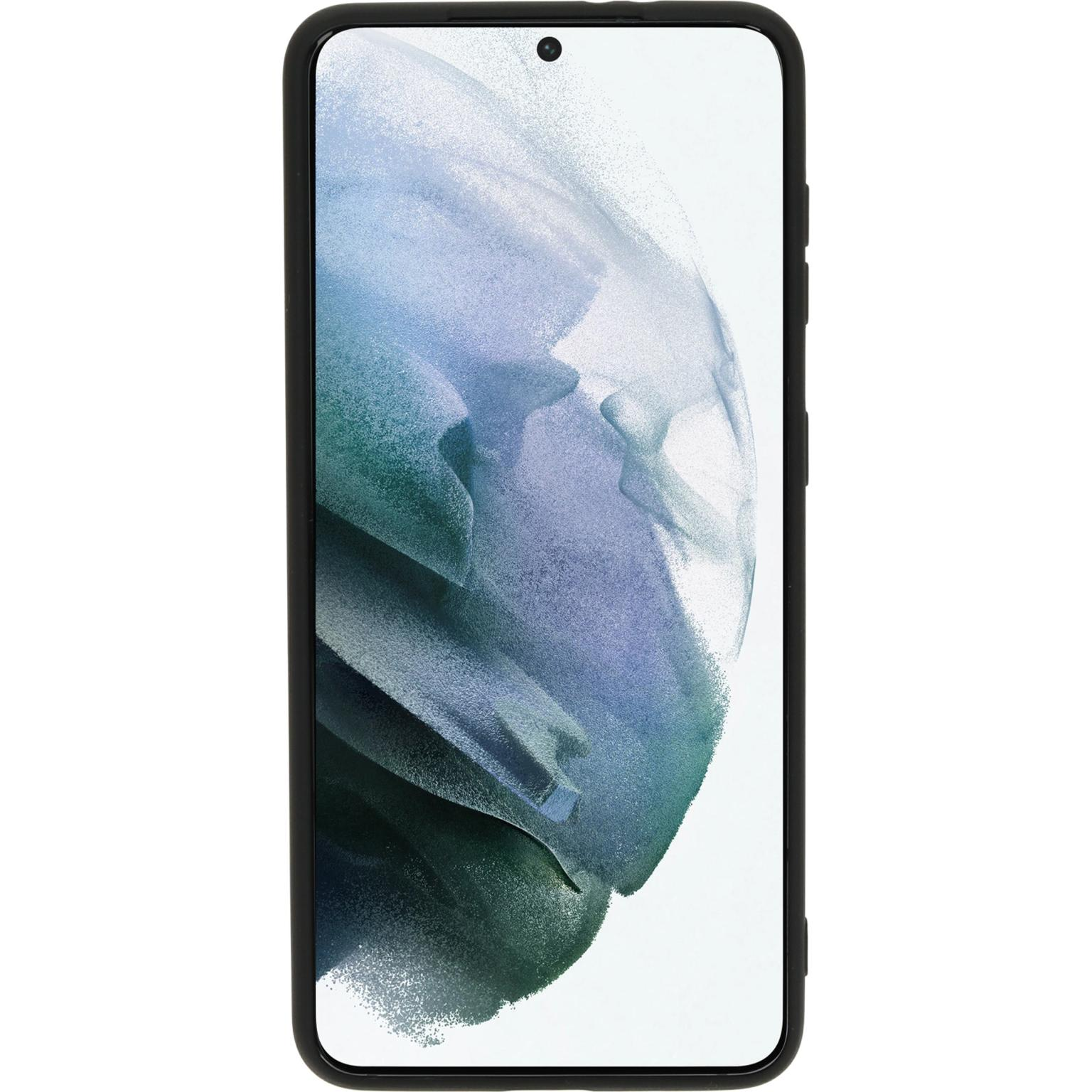 Een telefoonscherm in een zwart hoesje, zichtbaar op een witte achtergrond.