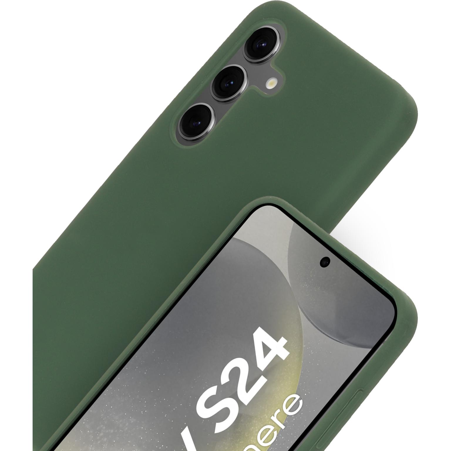 Groene telefoonhoes. Telefoon met zichtbare camera's. Witte achtergrond. Close-up.