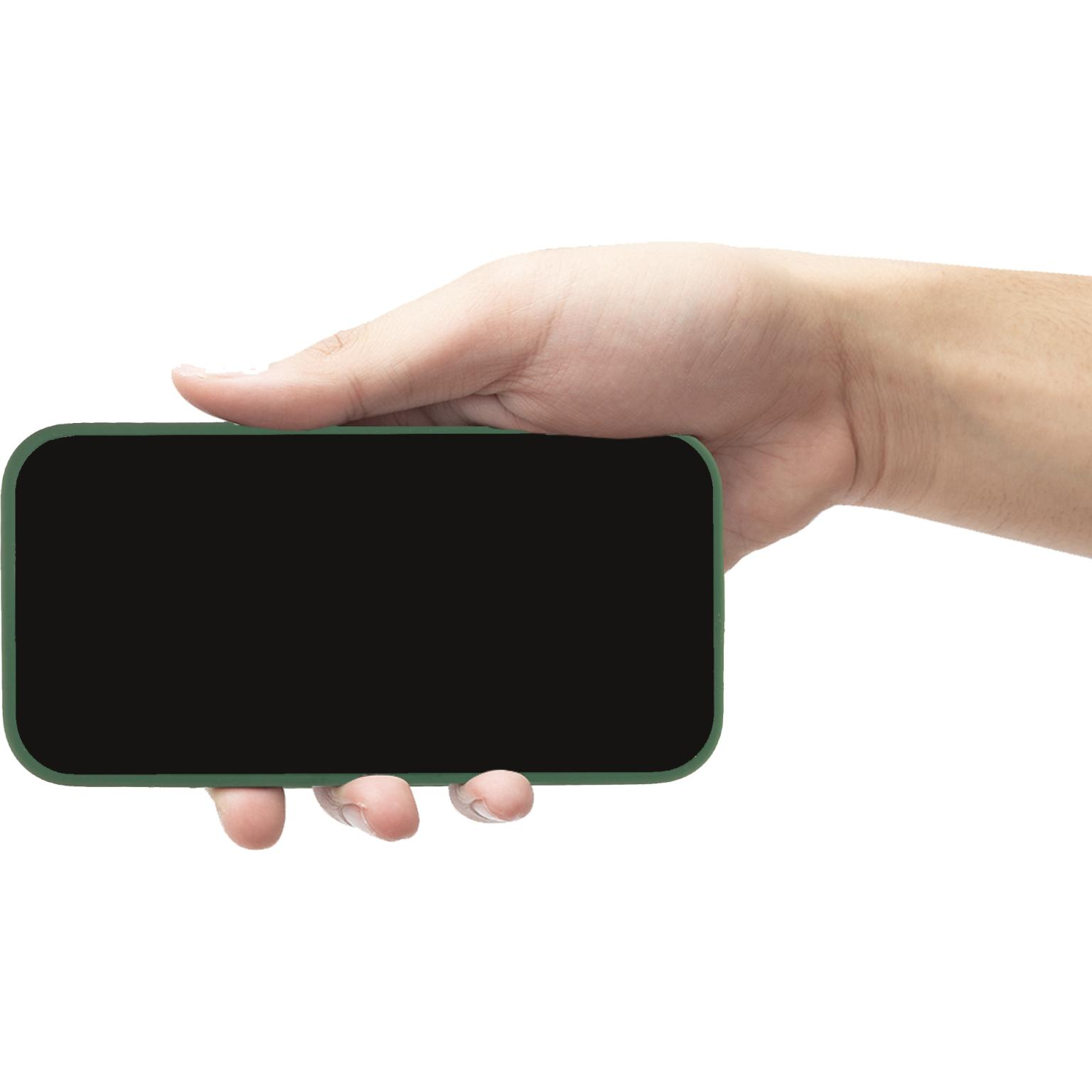 Een hand die een telefoon in een groene hoes vasthoudt, toont het scherm.