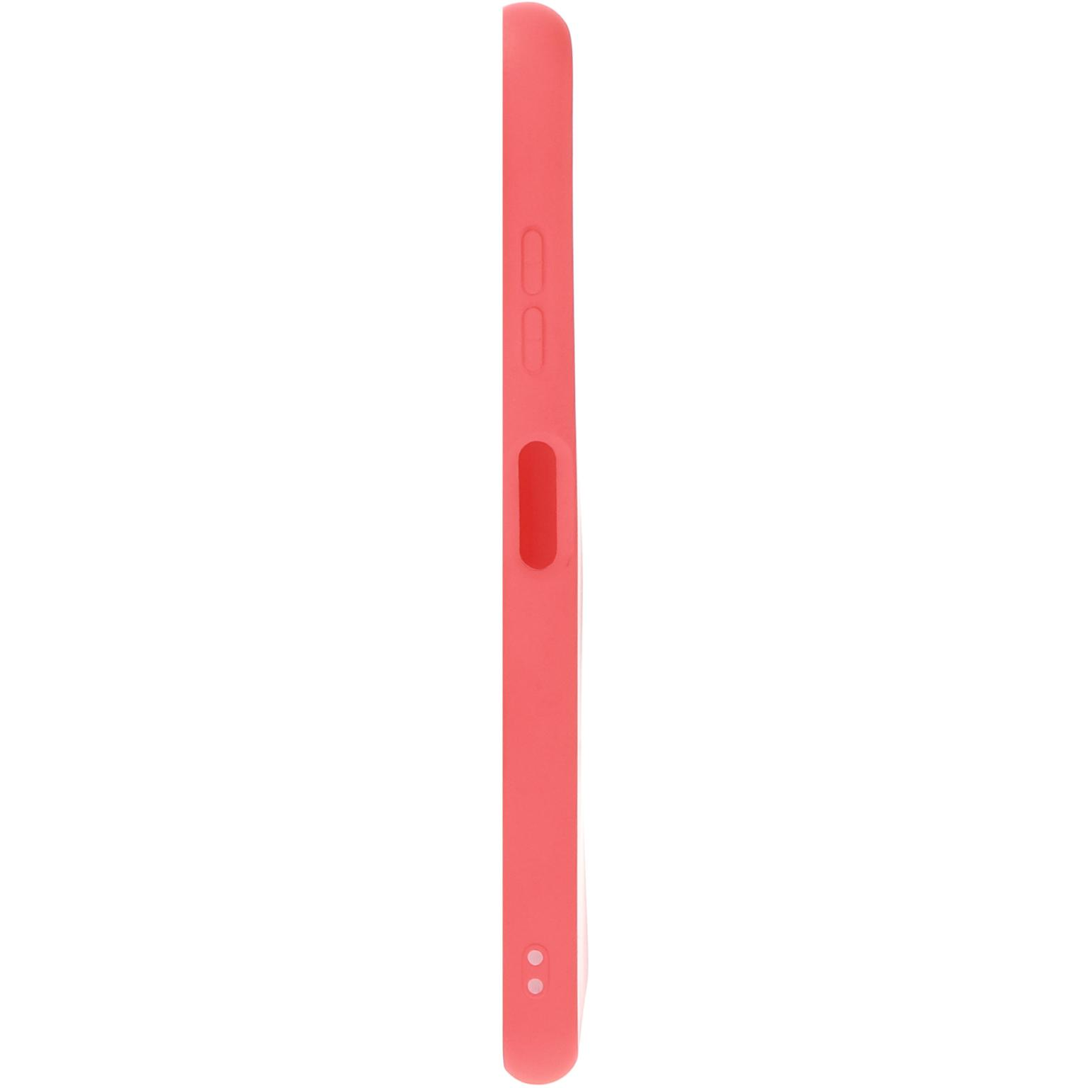 Roze telefoonhoes zijaanzicht, met knoopuitsparingen. Effen roze kleur.