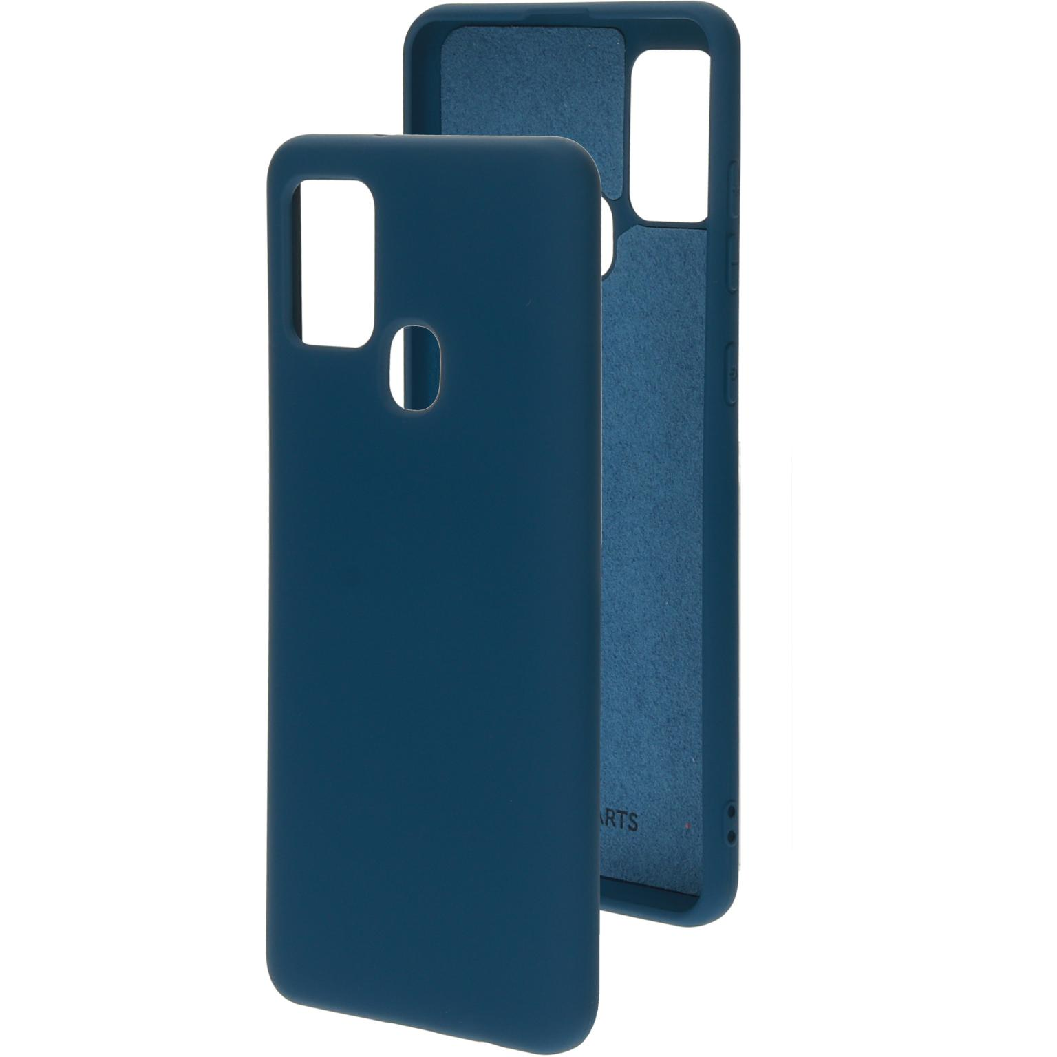 Blauwe telefoonhoes, met uitsparingen voor camera en knoppen.