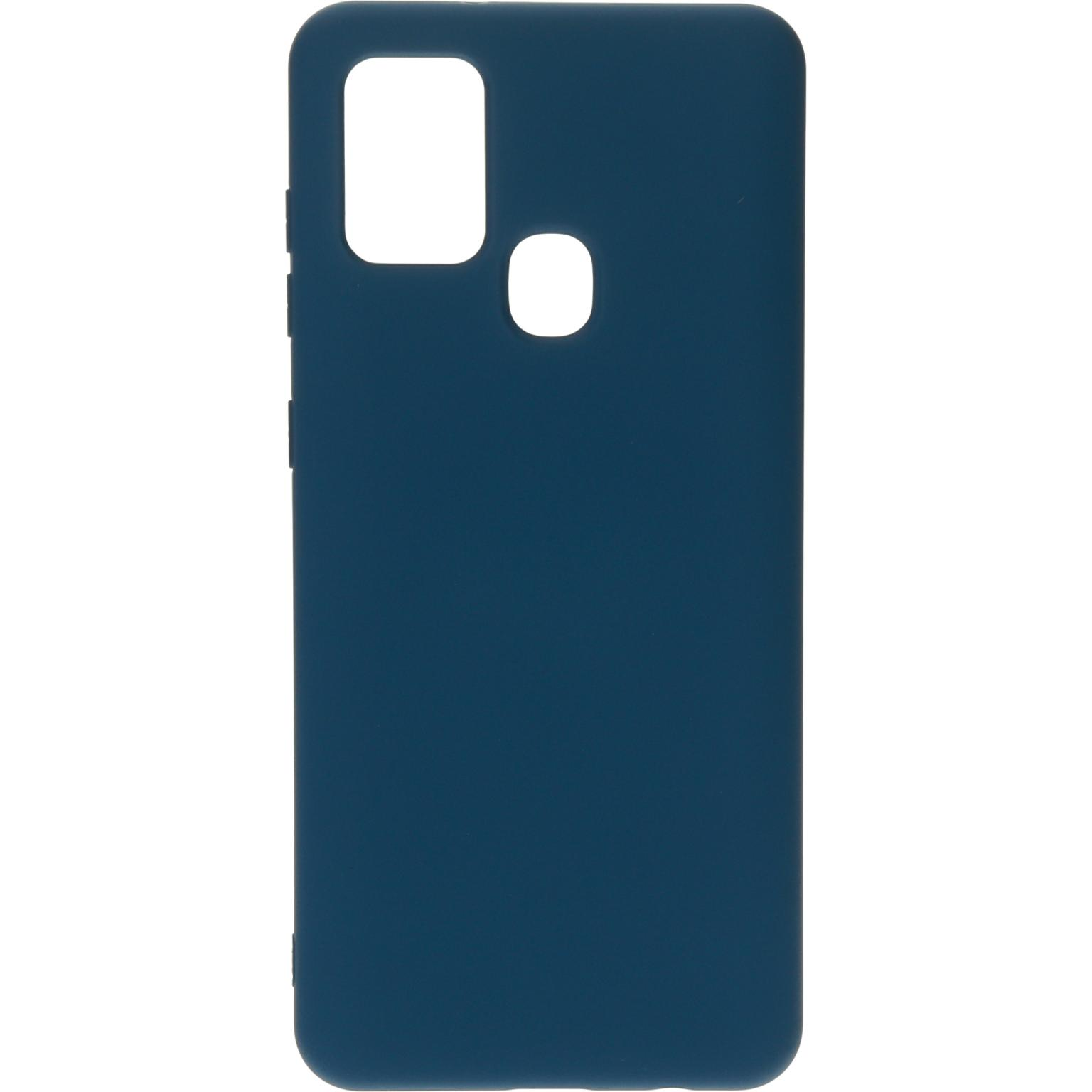 Blauw telefoonhoesje met camera-uitsparing.