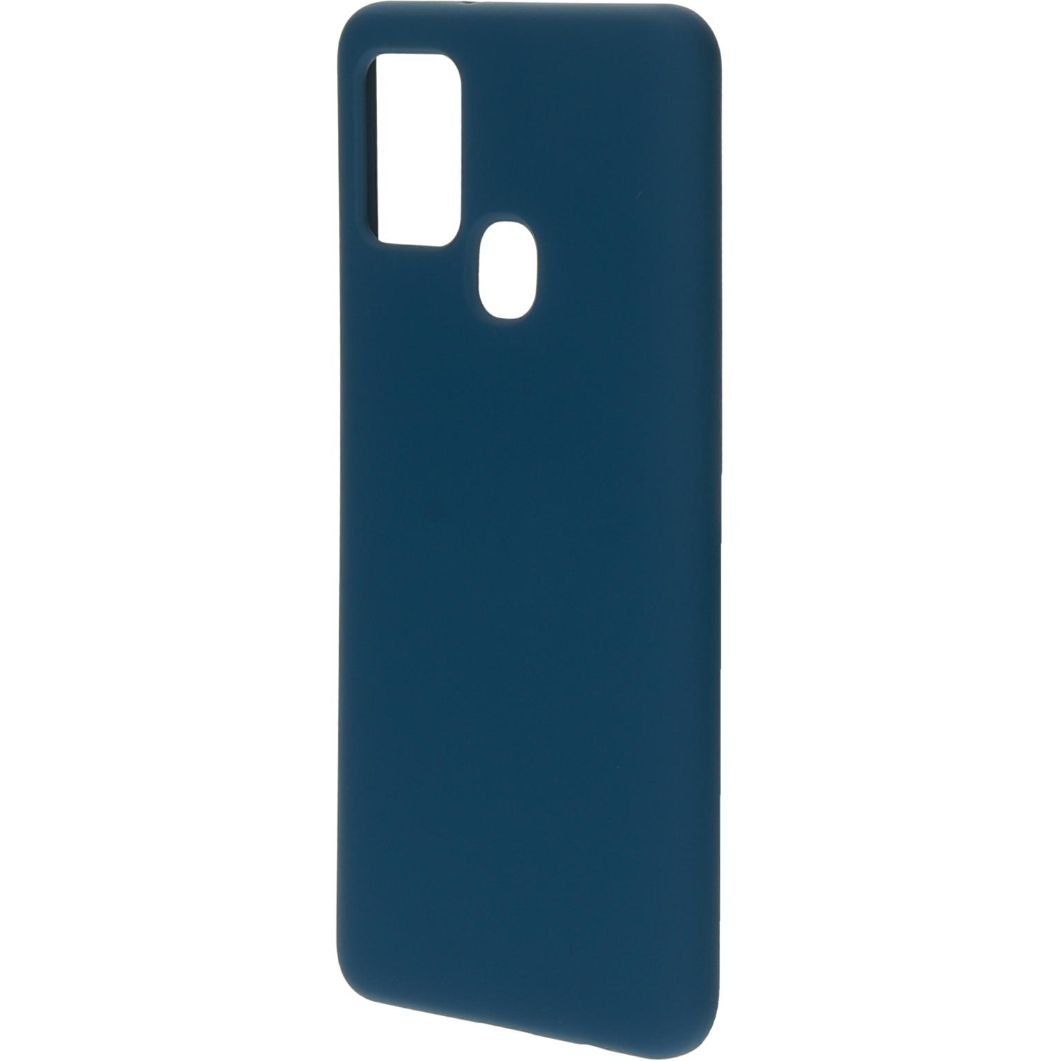 Een donkerblauwe telefoonhoes, met uitsparingen voor de camera en de flitser. De hoes staat tegen een witte achtergrond.