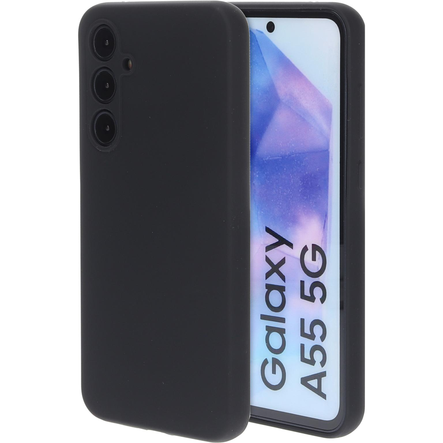 Zwart telefoonhoesje en zwarte telefoon. Scherm toont 'Galaxy A55 5G'. Drievoudige camera.
